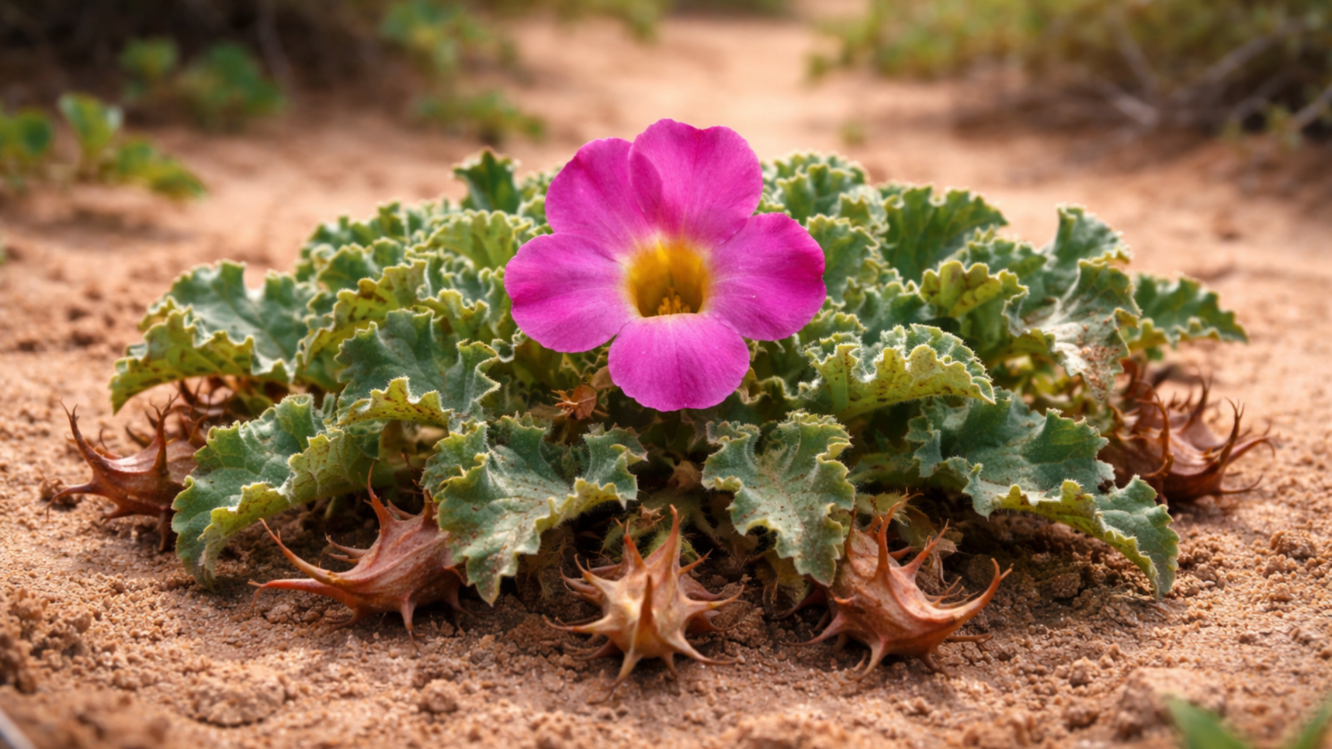 A single pink flower with a yellow center blooms from a low-growing plant with spiky seed pods.