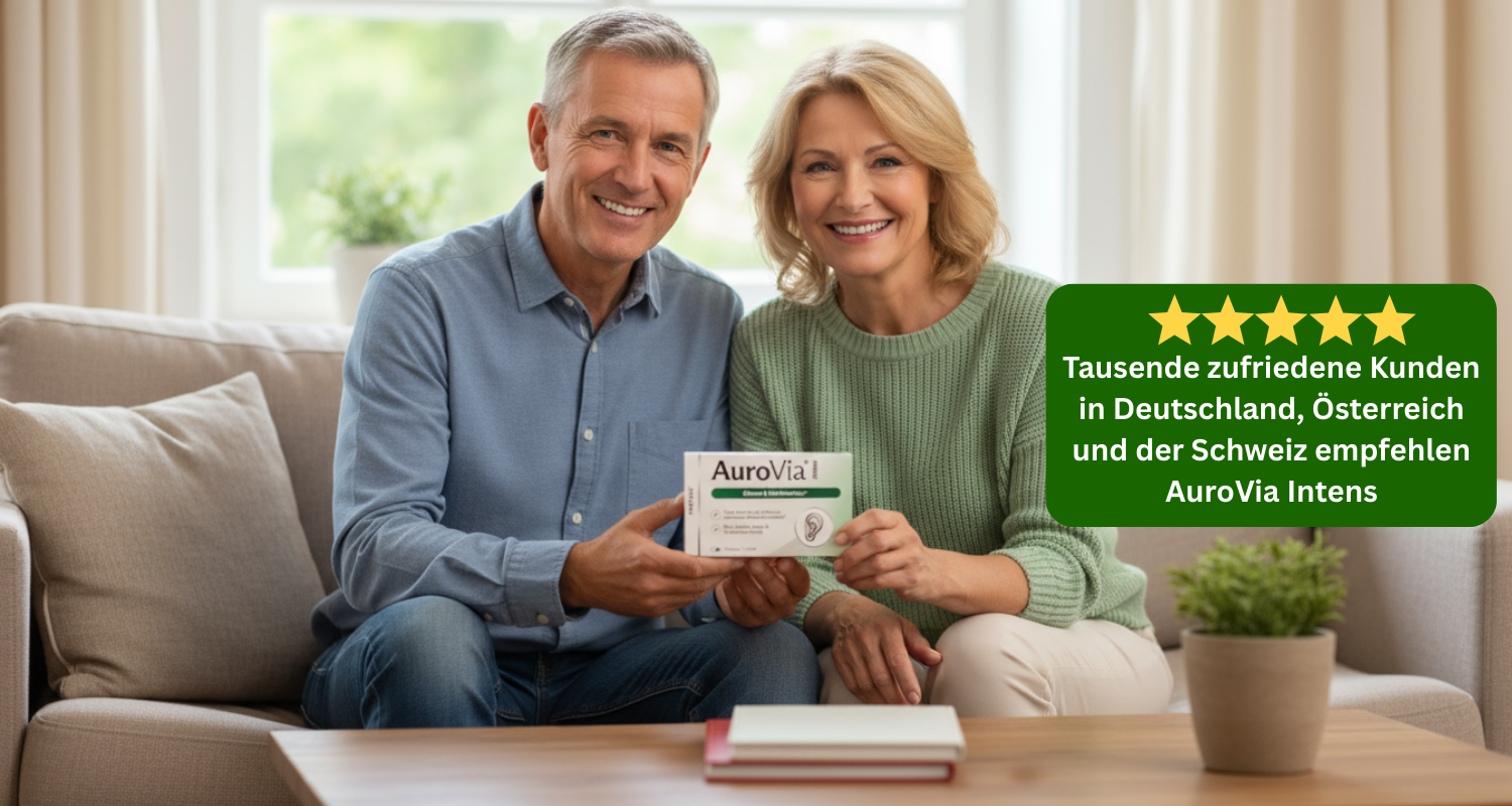 Smiling couple holding a product box, with a five-star rating and German text below.
