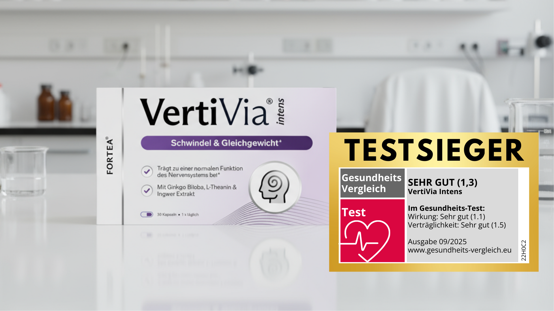 VertiVia product box with test award label in a laboratory setting.