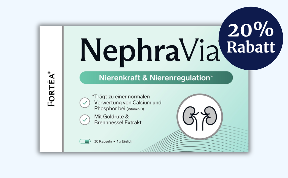 A box of NephraVia kidney support capsules by FORTĒA, with a 20% discount badge.