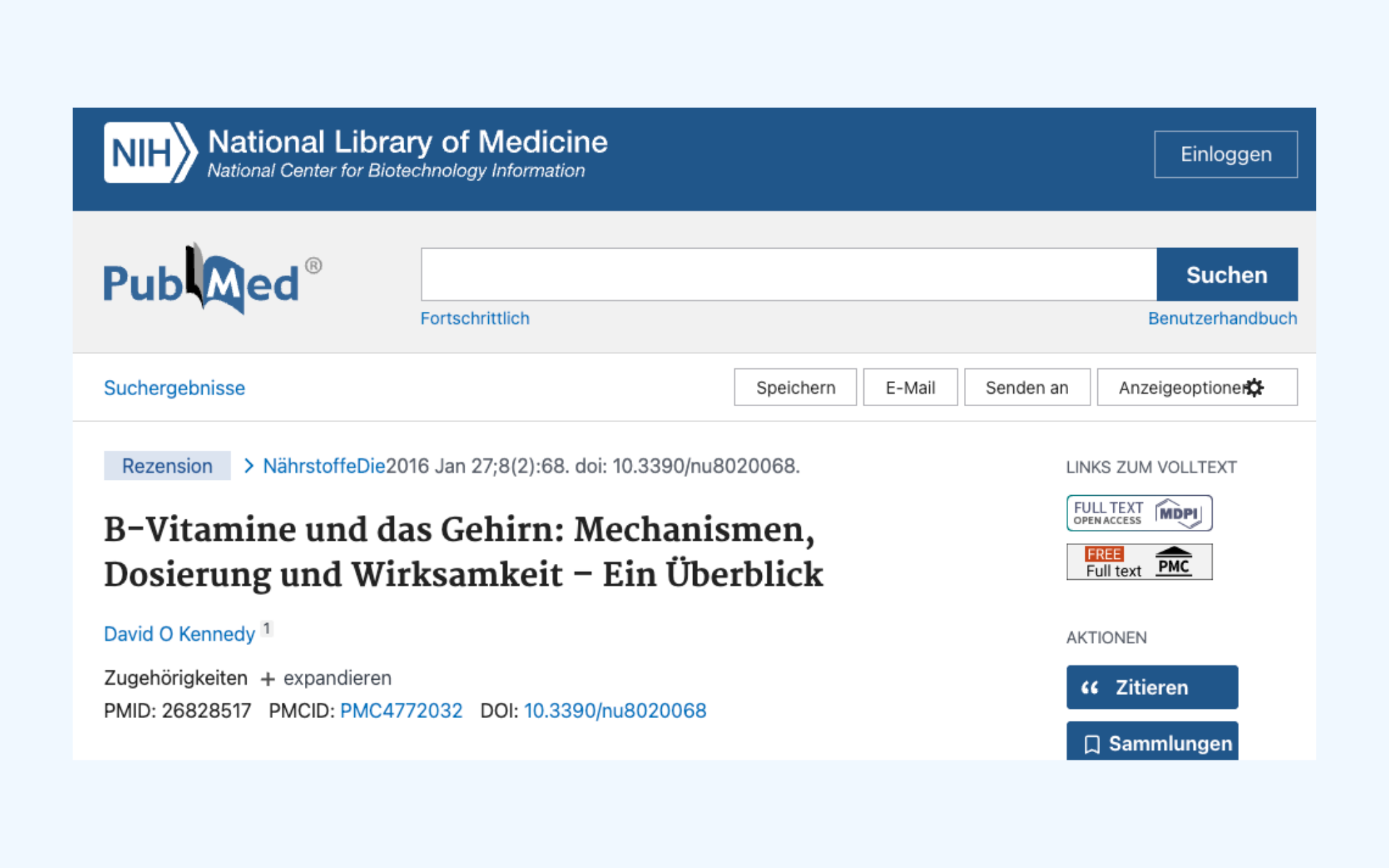 Screenshot of a PubMed article page about B-vitamins and the brain.