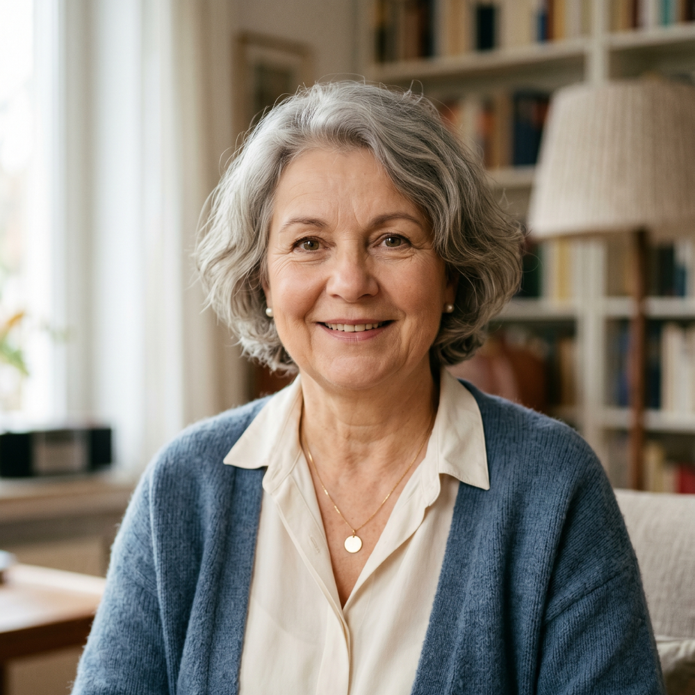 A smiling older woman with gray hair wearing a blue cardigan, sitting in front of a bookshelf.