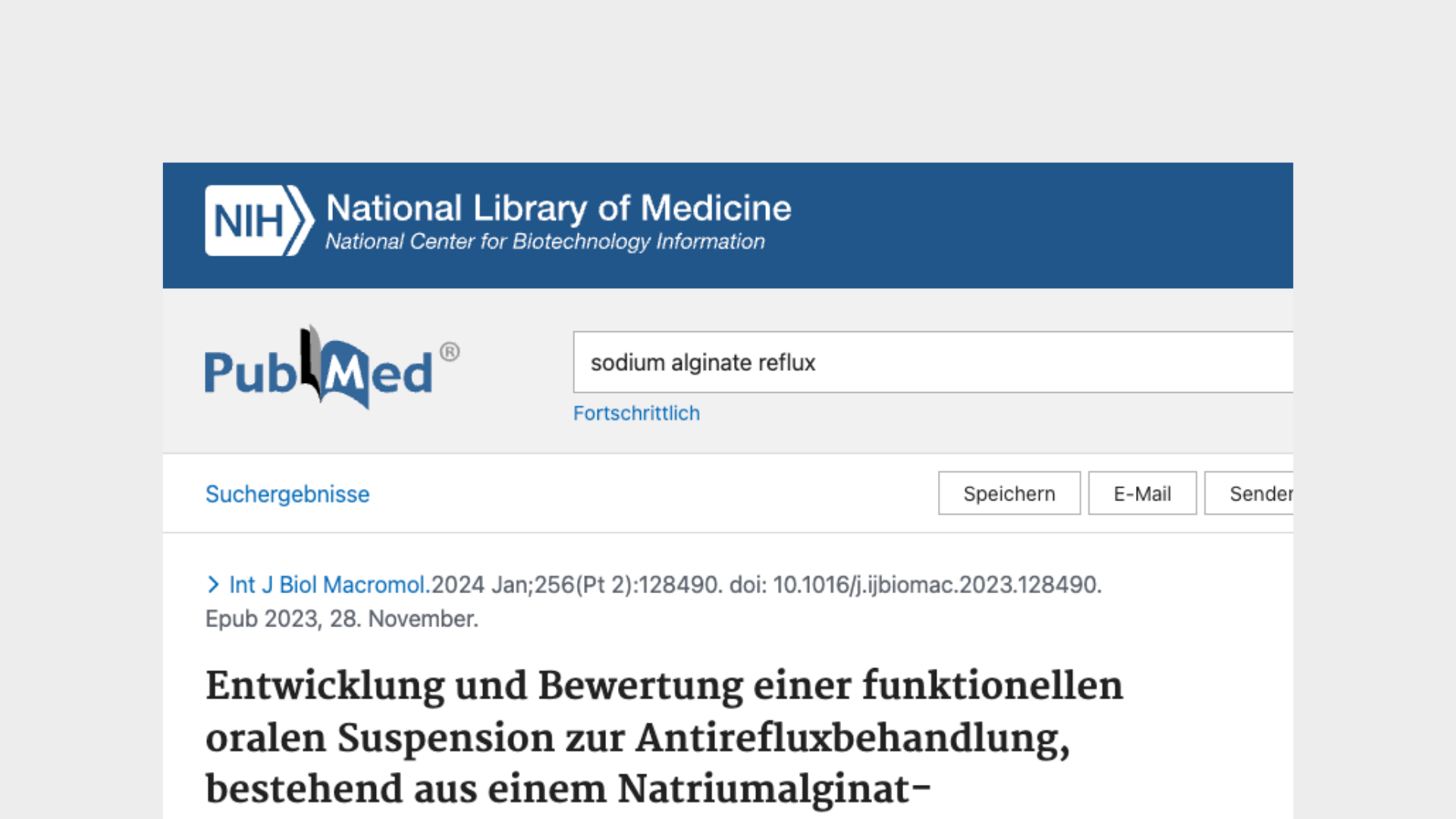 PubMed search results for 'sodium alginate reflux' on National Library of Medicine webpage.