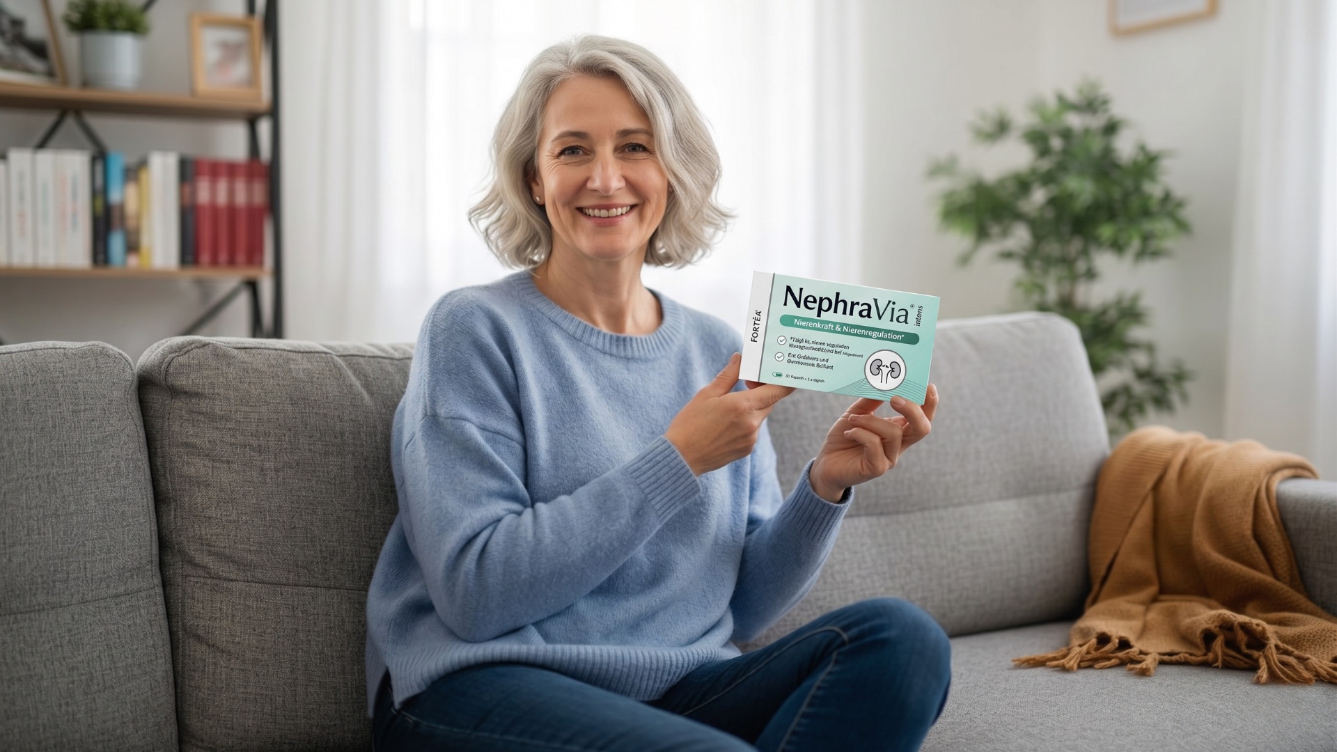 A smiling woman with grey hair sits on a couch, holding a box for an ear product.