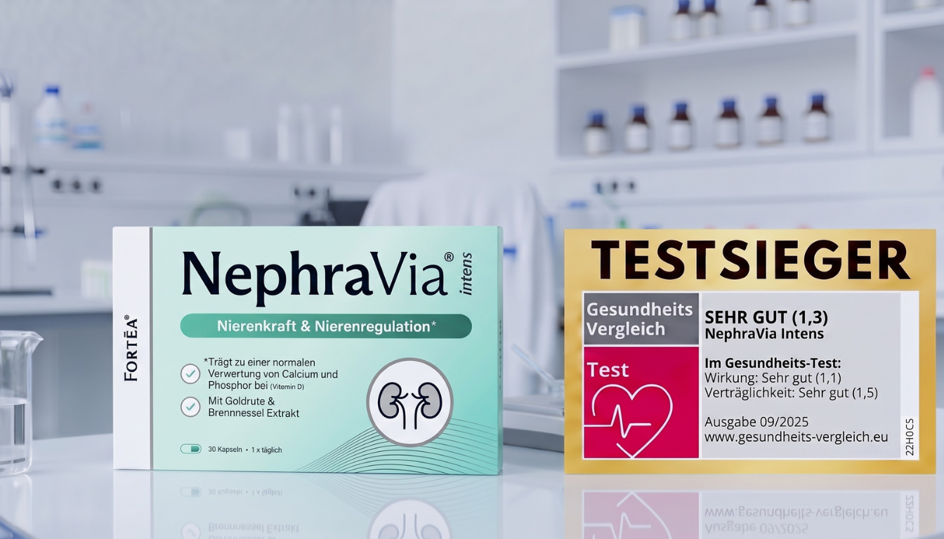 AuroVia Intens product packaging in a laboratory setting with award label 'TESTSIEGER'.