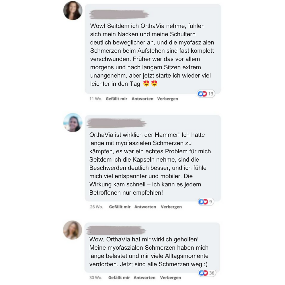 Three user comments praising OrthaVia with blurred profile pictures.