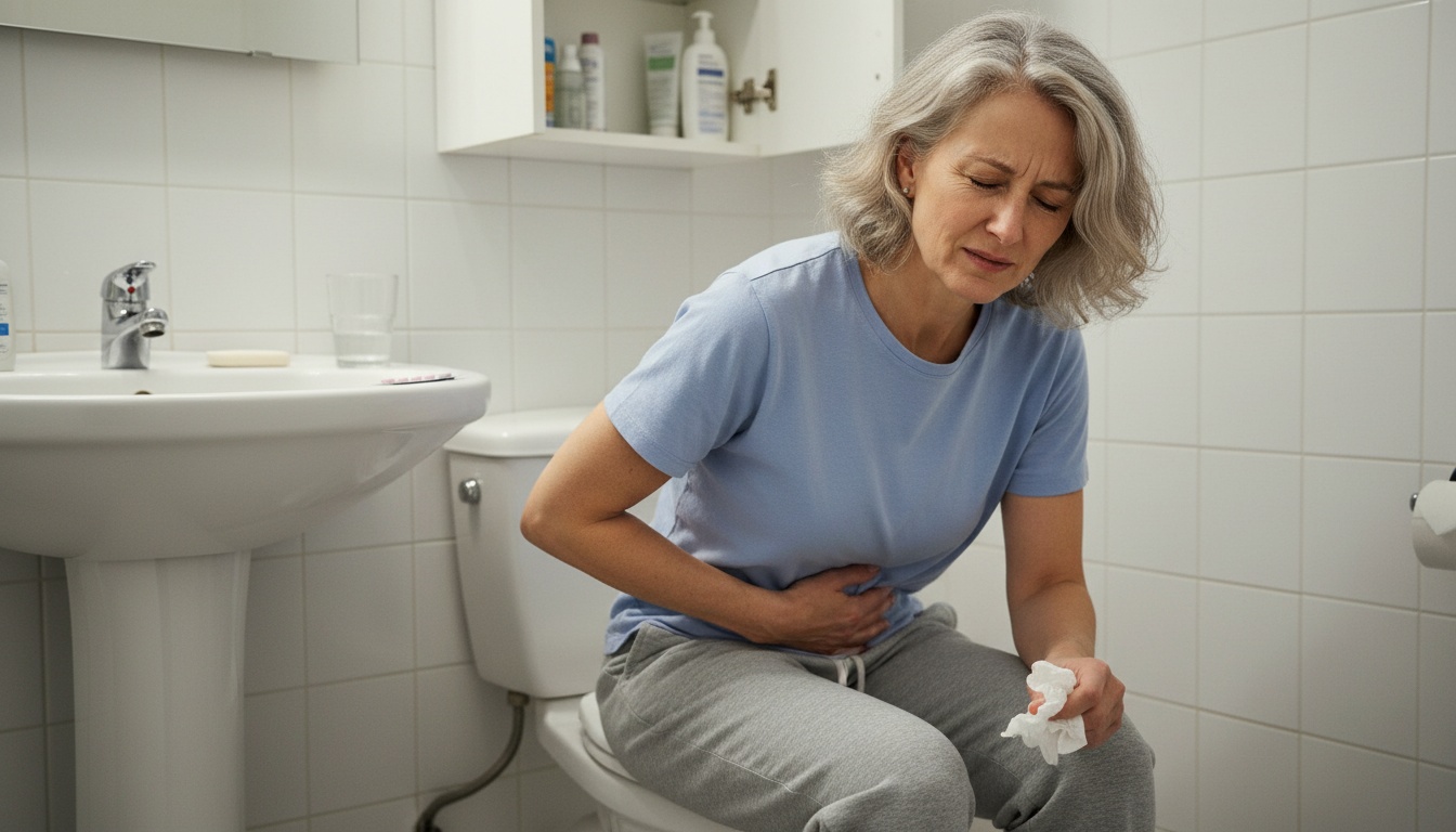 A woman with gray hair sits on a toilet, clutching her stomach with a pained expression.