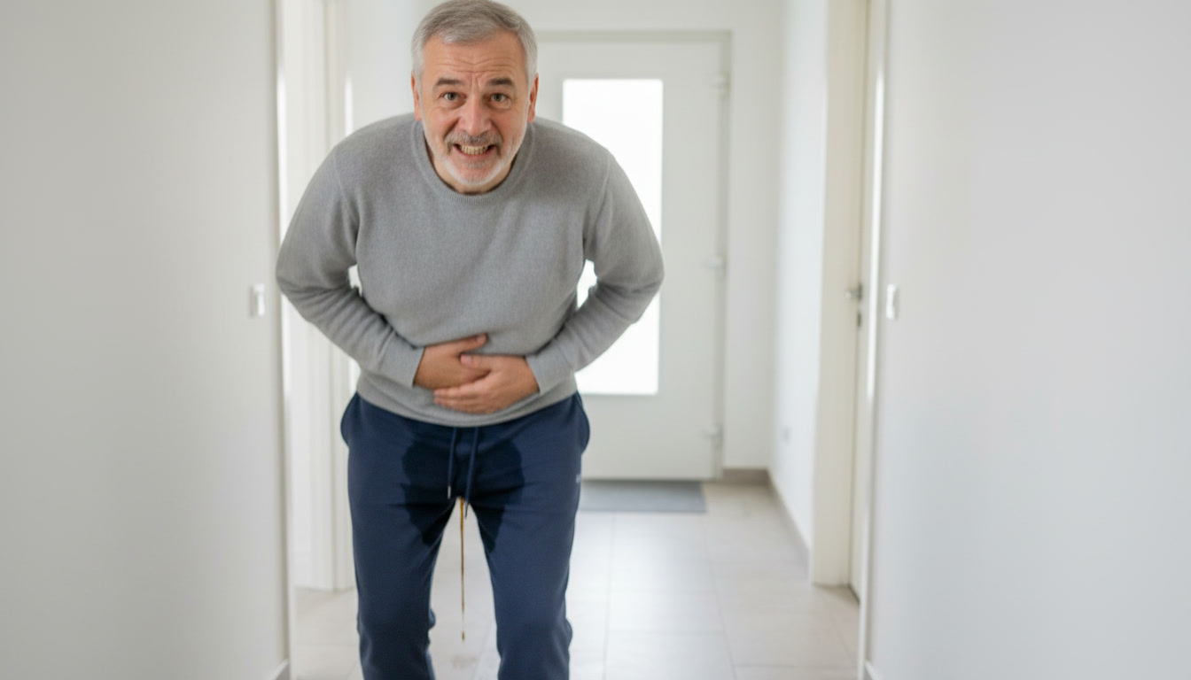 An older man in distress clutches his abdomen as he has a urinary accident in his pants.