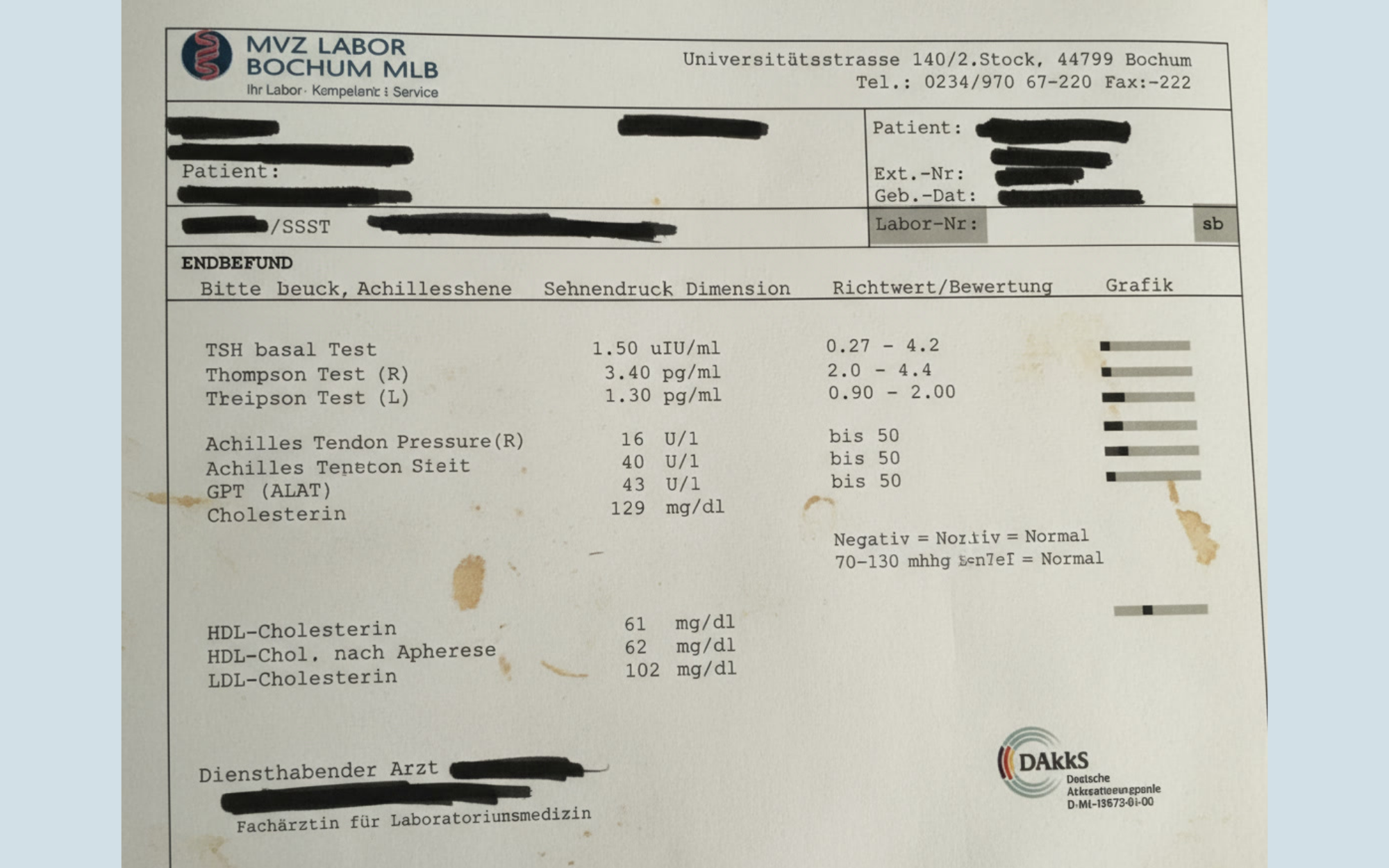 Medical report with test results and values partially blacked out.