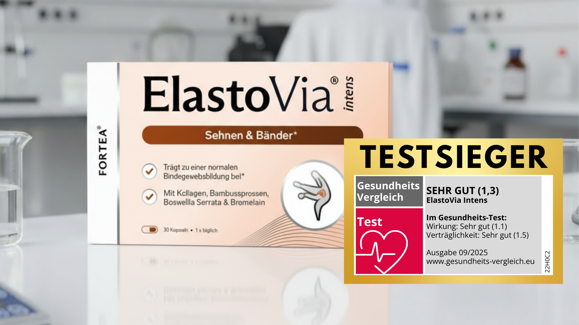ElastoVia Intens supplement box with test winner label on a laboratory background.
