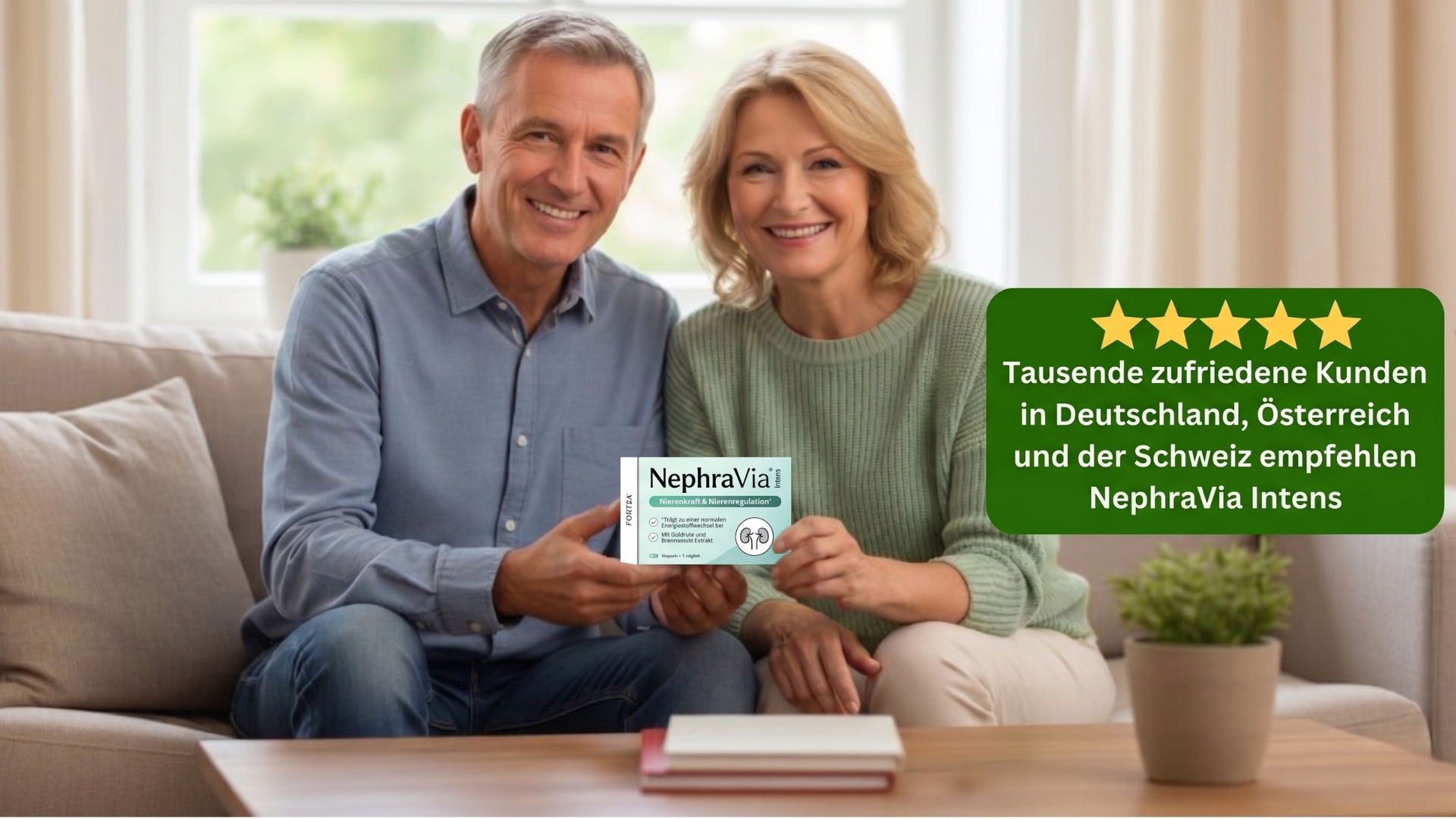 Smiling couple holding a product box, with a five-star rating and German text below.