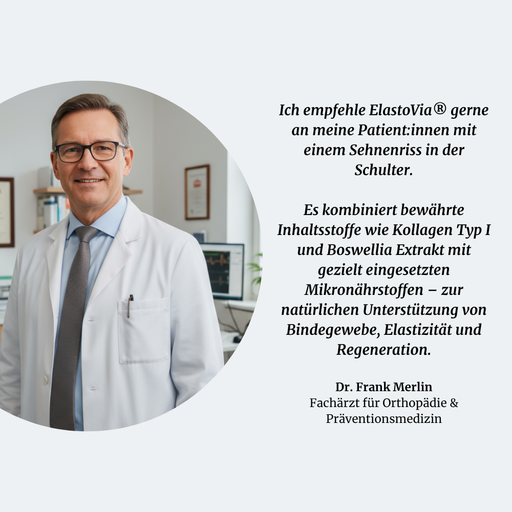 Doctor in a white coat with a testimonial for ElastoVia©.