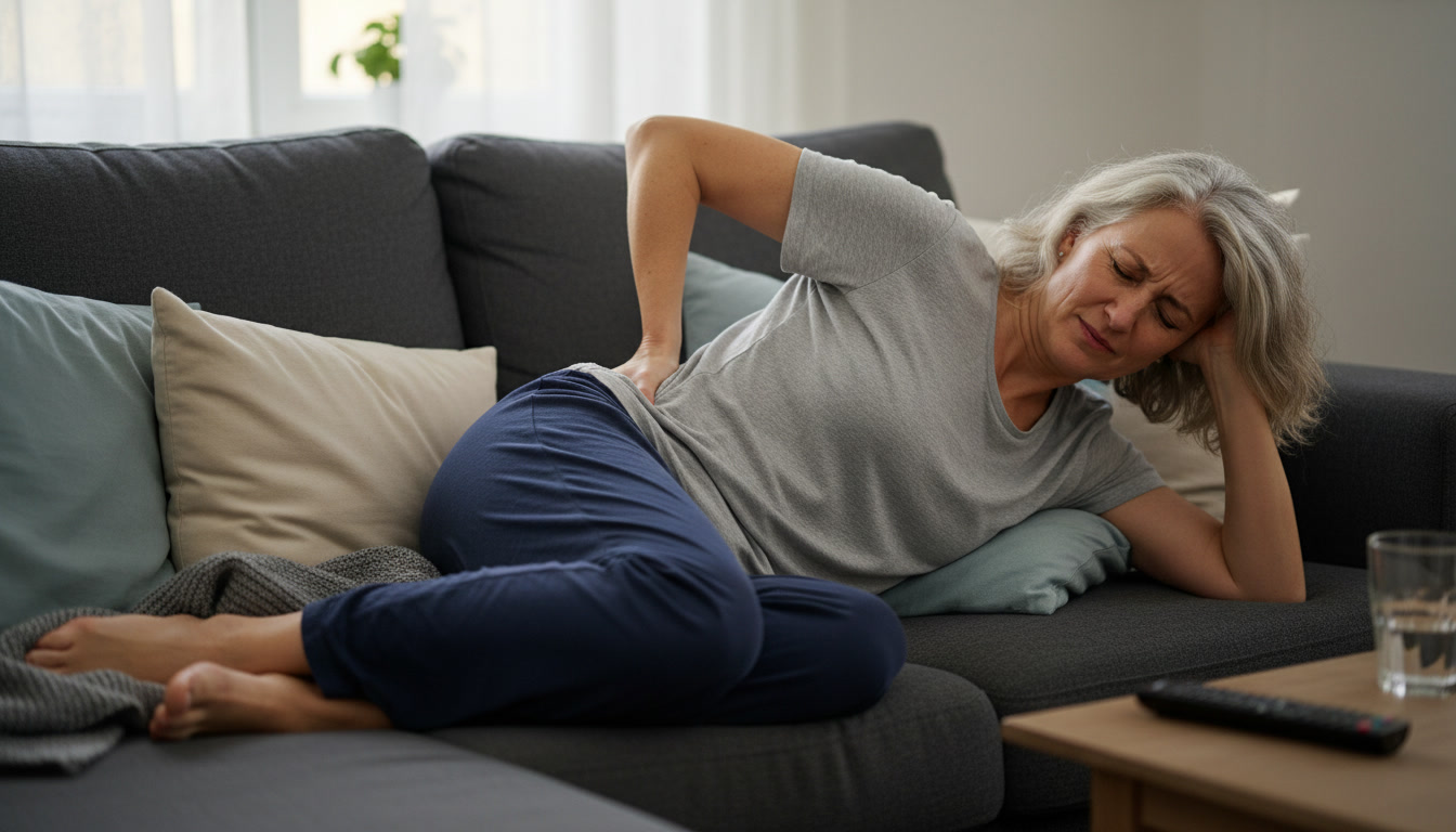 A woman with grey hair lies on a couch, holding her lower back and wincing in pain.