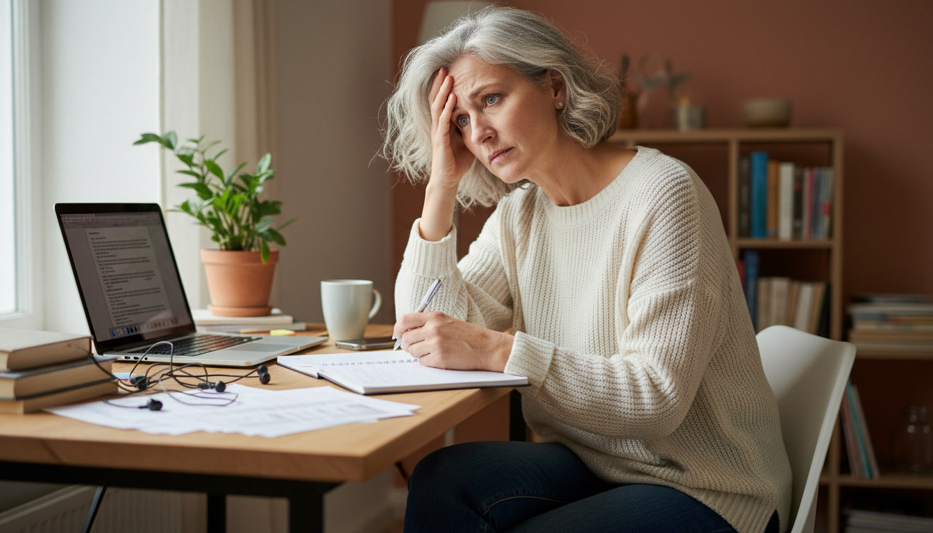 A worried-looking woman with gray hair sits at a desk, writing in a notebook next to her laptop.
