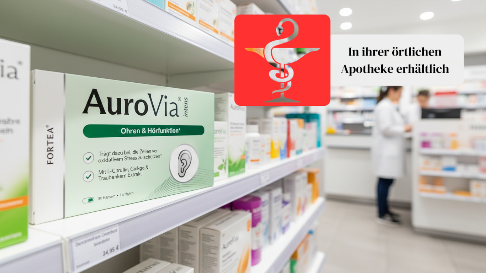 A pharmacy shelf with AuroVia product packaging and two people in background.