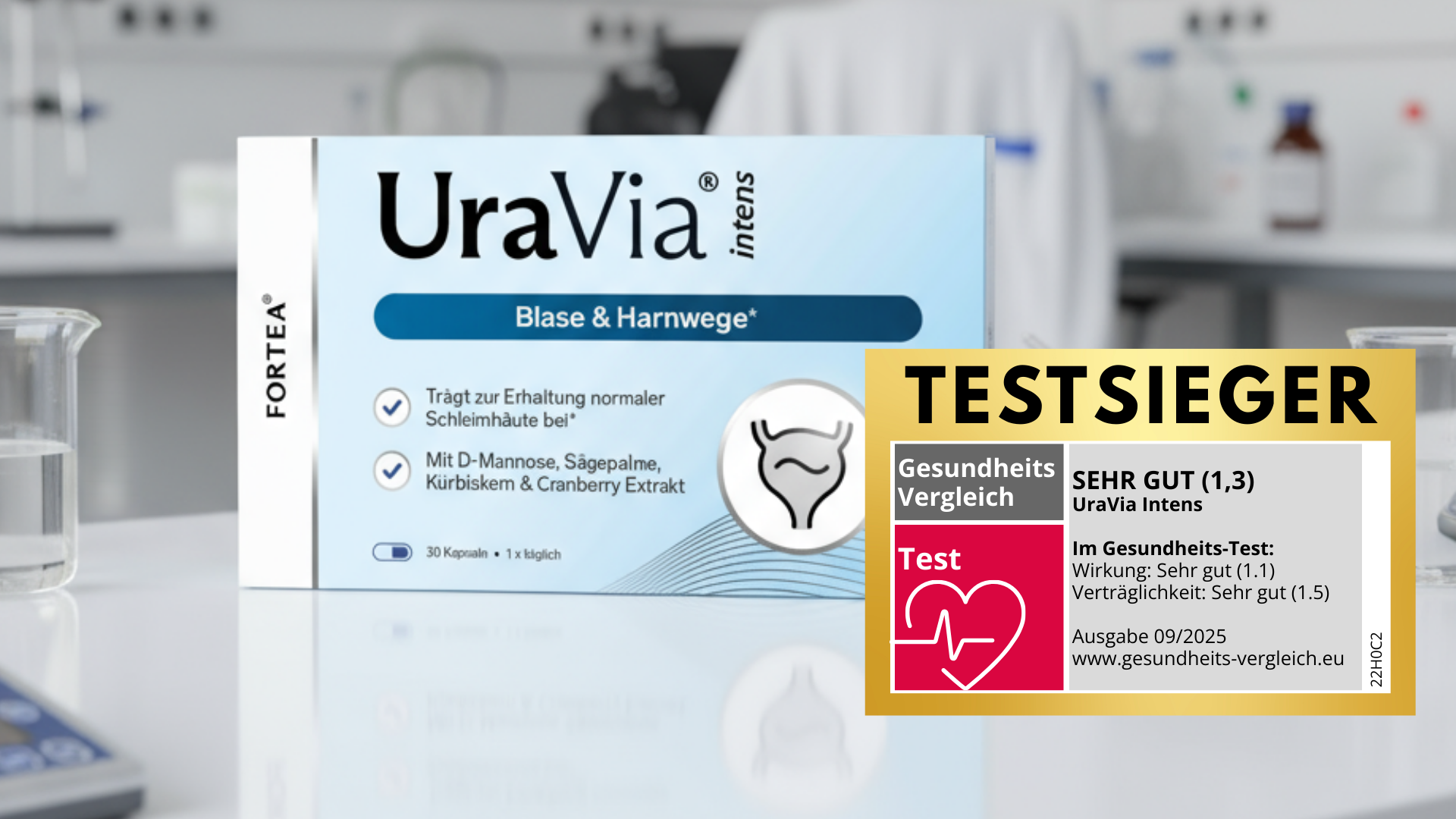 UraVia Intens packaging with a quality award badge in a laboratory setting.