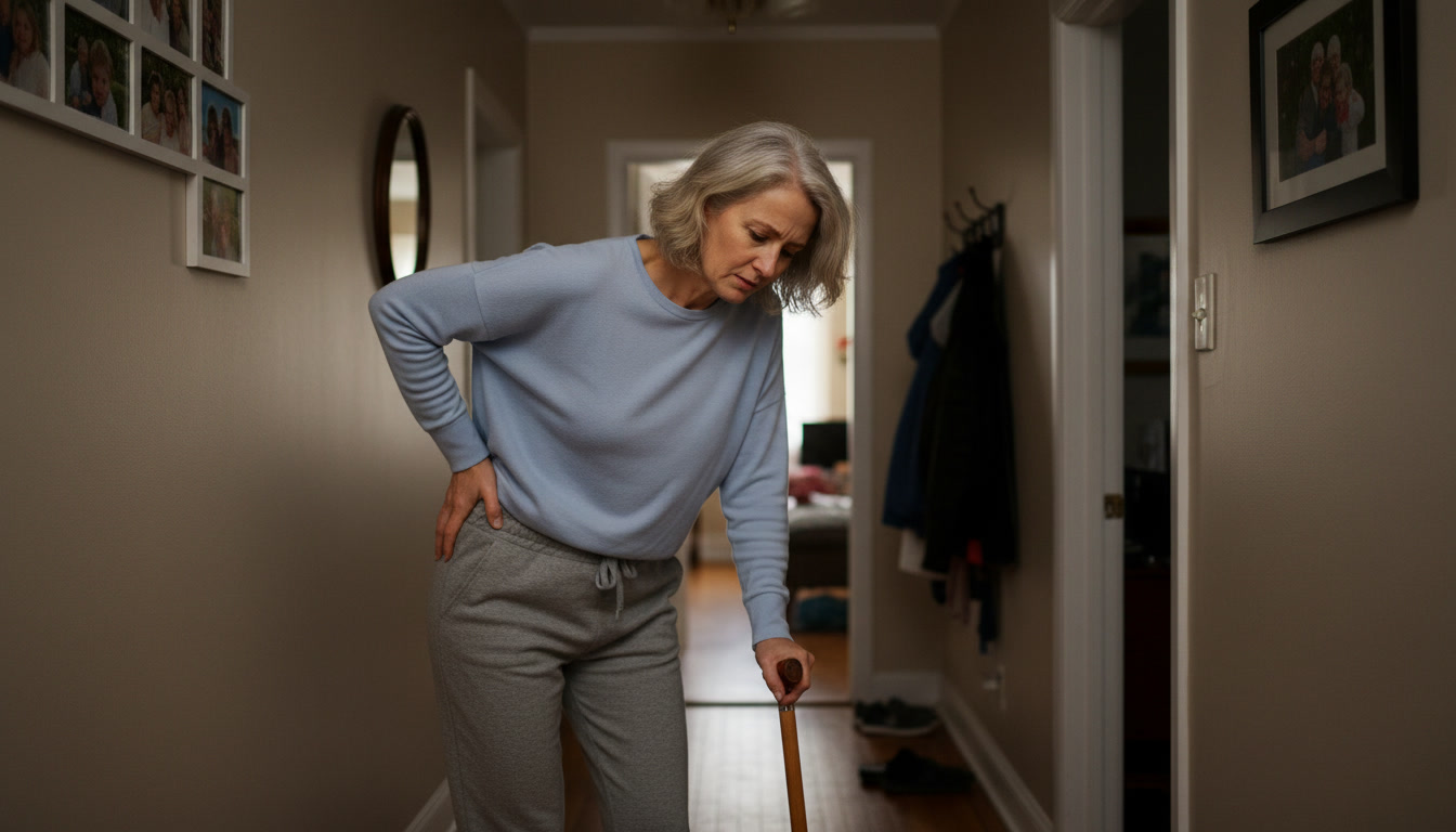 An older woman in a hallway holds her back in apparent pain while leaning on a cane.