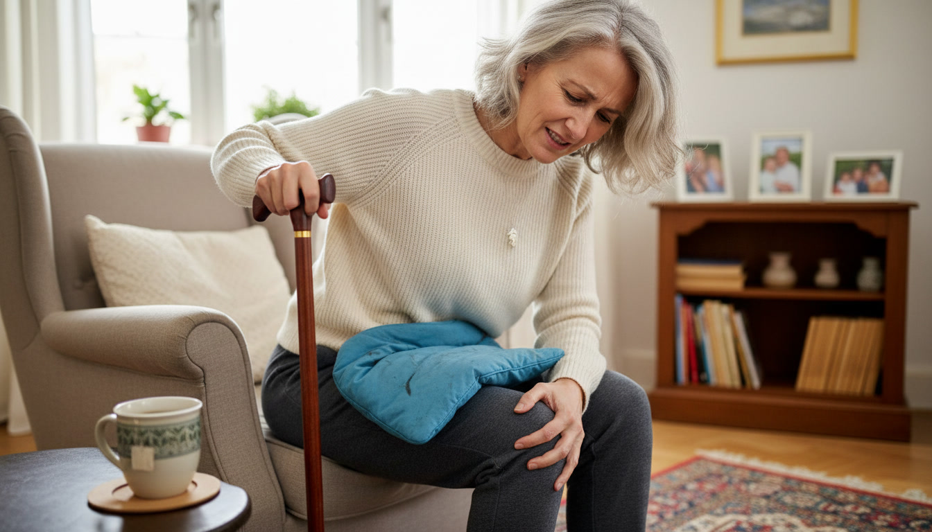 An older woman in pain sits in a chair, holding a cane and a heating pad on her knee.