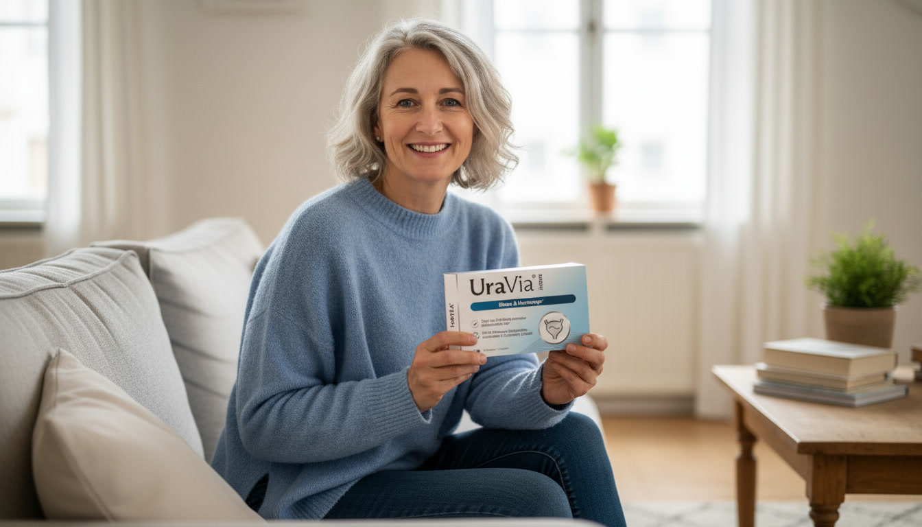 A smiling woman with gray hair sits on a couch, holding a box of UraVia supplement.