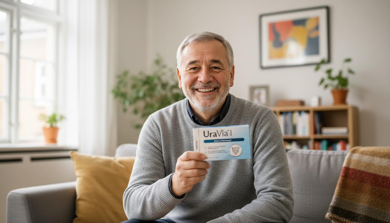 A smiling older man in a gray sweater sits on a couch holding a box of UraVia.