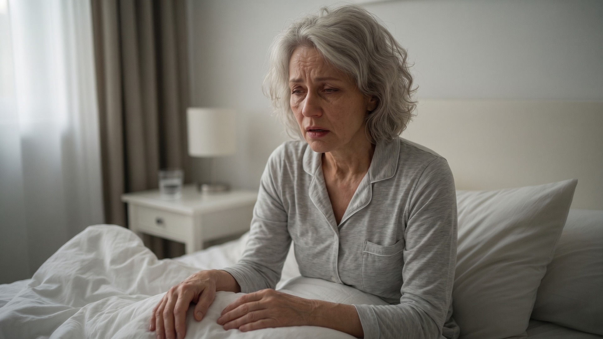 A distressed woman in pajamas sits up in bed, holding her head with both hands.