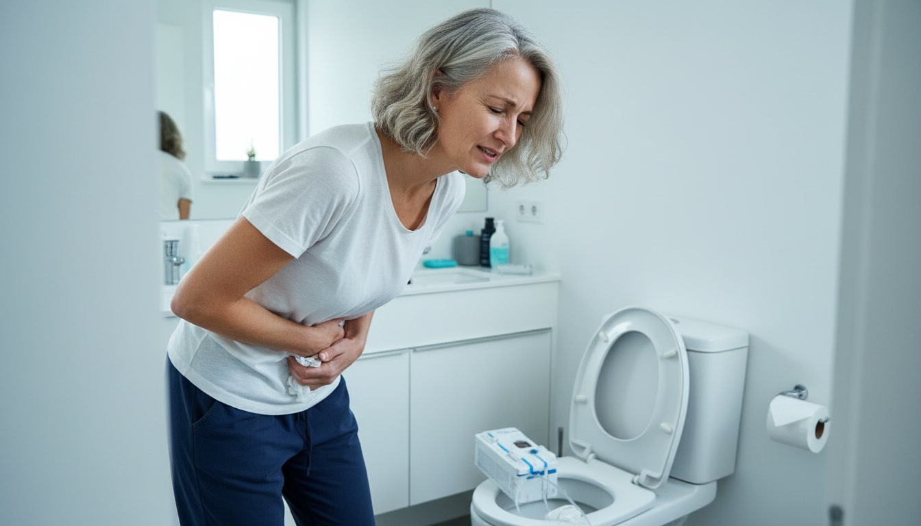A gray-haired woman clutches her stomach in pain while standing in a white bathroom next to a toilet.