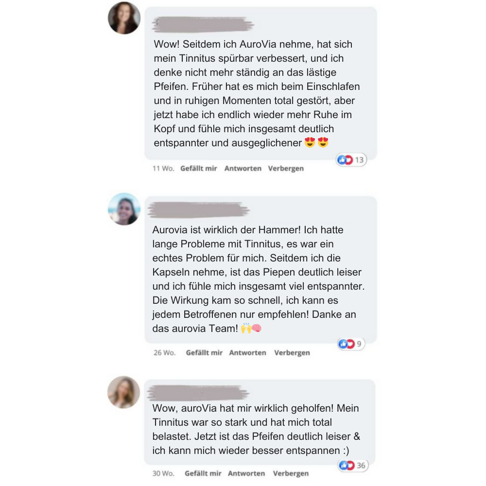 Three blurred user reviews about AuroVia for tinnitus, with user interactions visible.