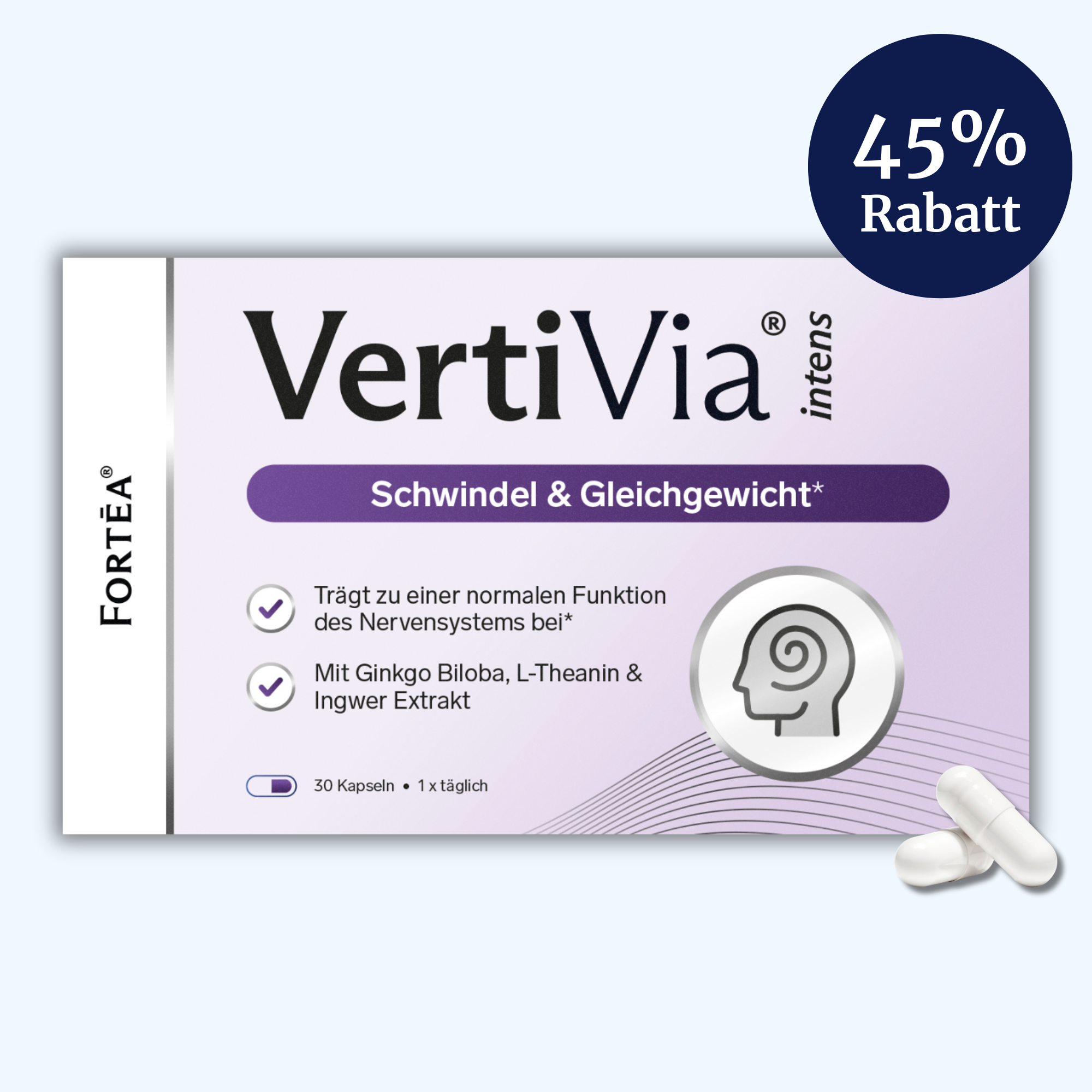 A product box for VertiVia intens, a German supplement, shown next to two white capsules.