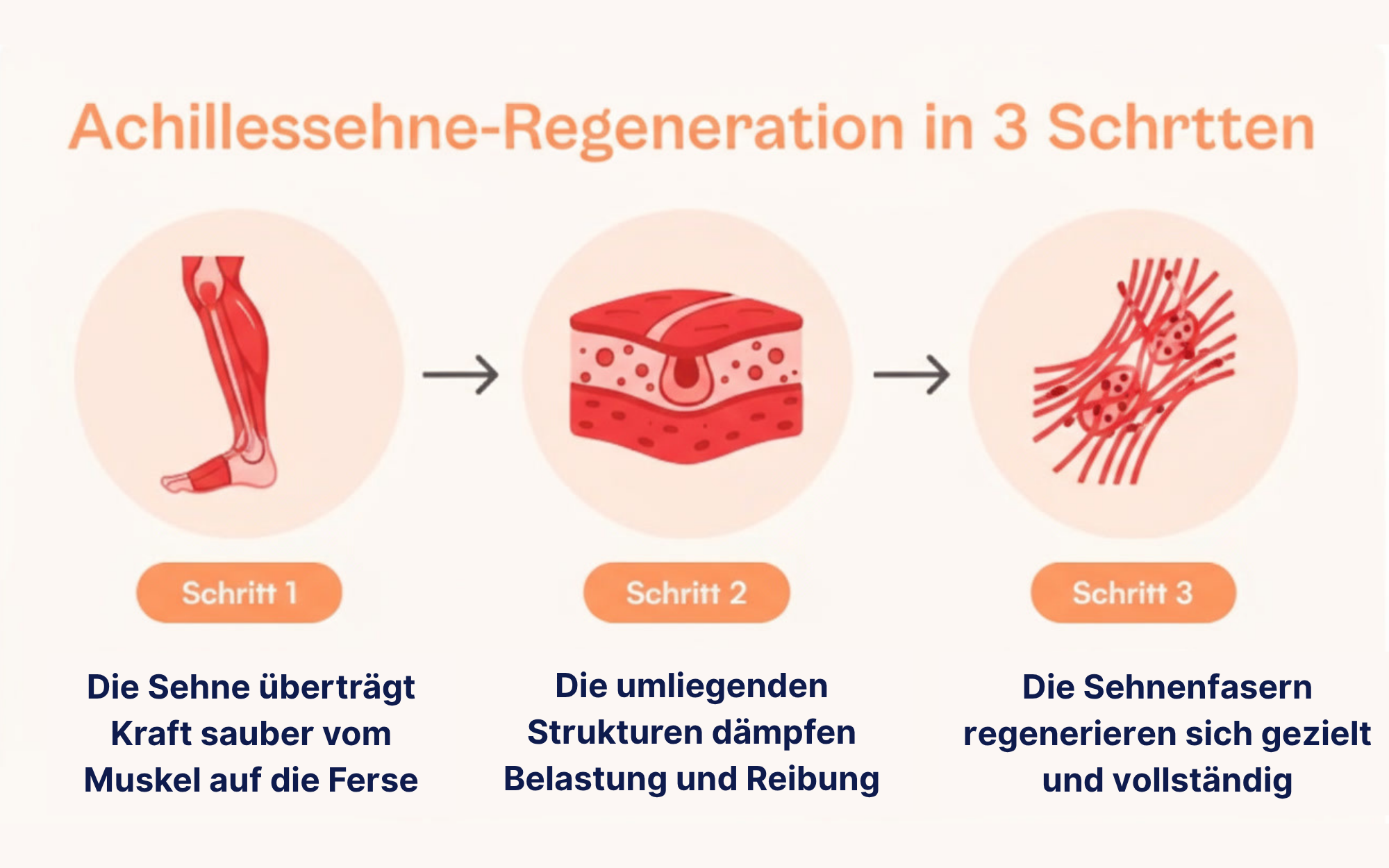 Illustration showing three steps of Achilles tendon regeneration.