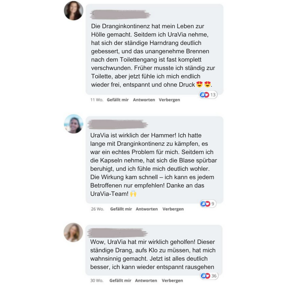 Three German user reviews about a product for urinary incontinence with blurred profile pictures.