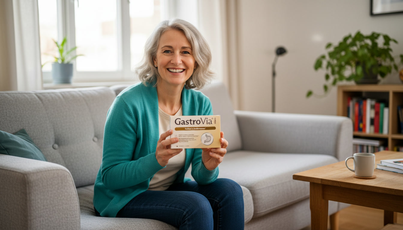A smiling, gray-haired woman sits on a couch, holding a box of GastroVia toward the camera.