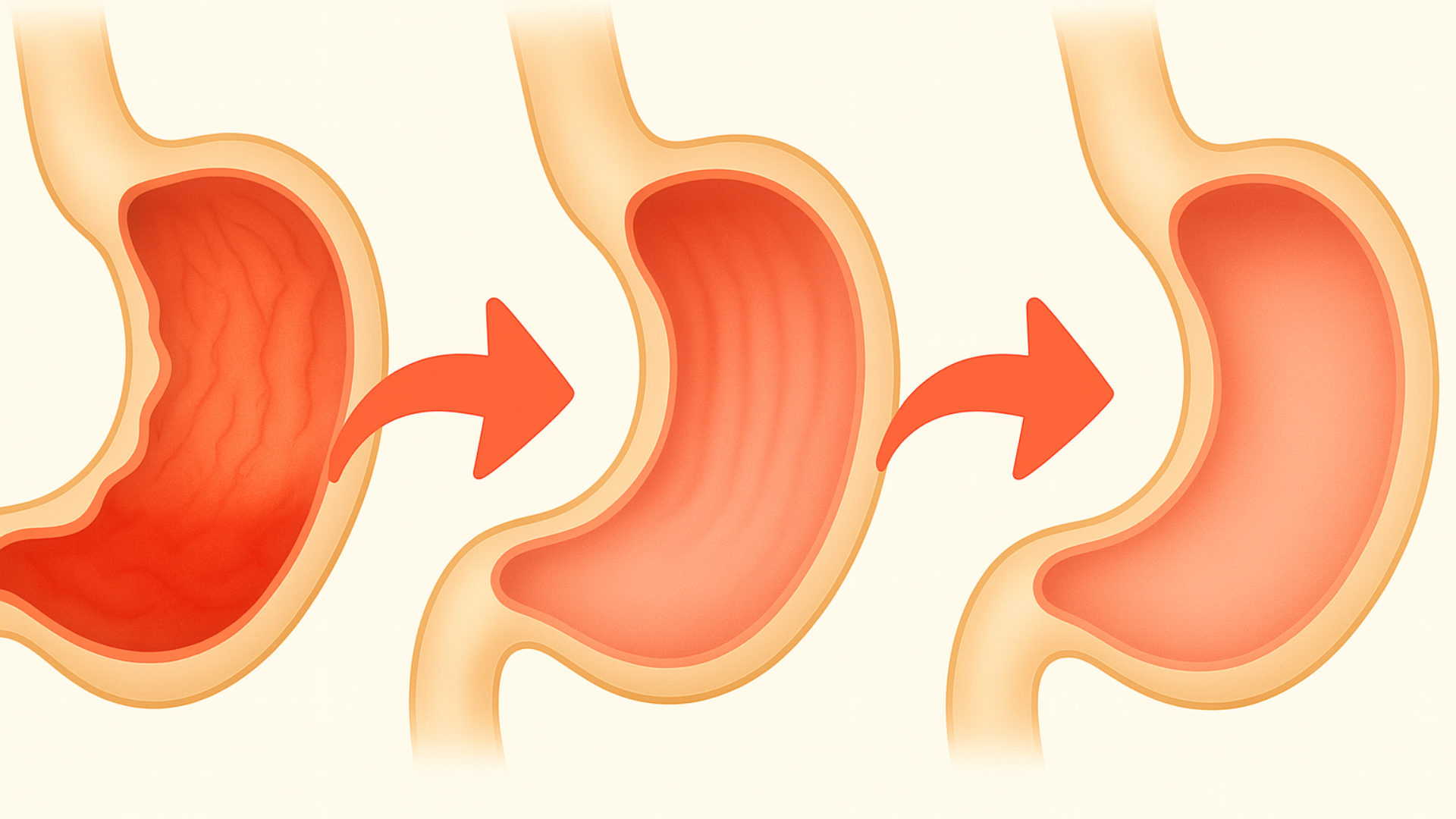 Illustration of stomach showing three stages of fullness.