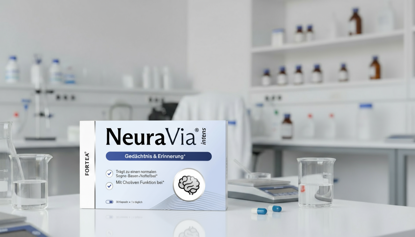 Box of NeuraVia pills on a lab table with beakers and shelves in the background.