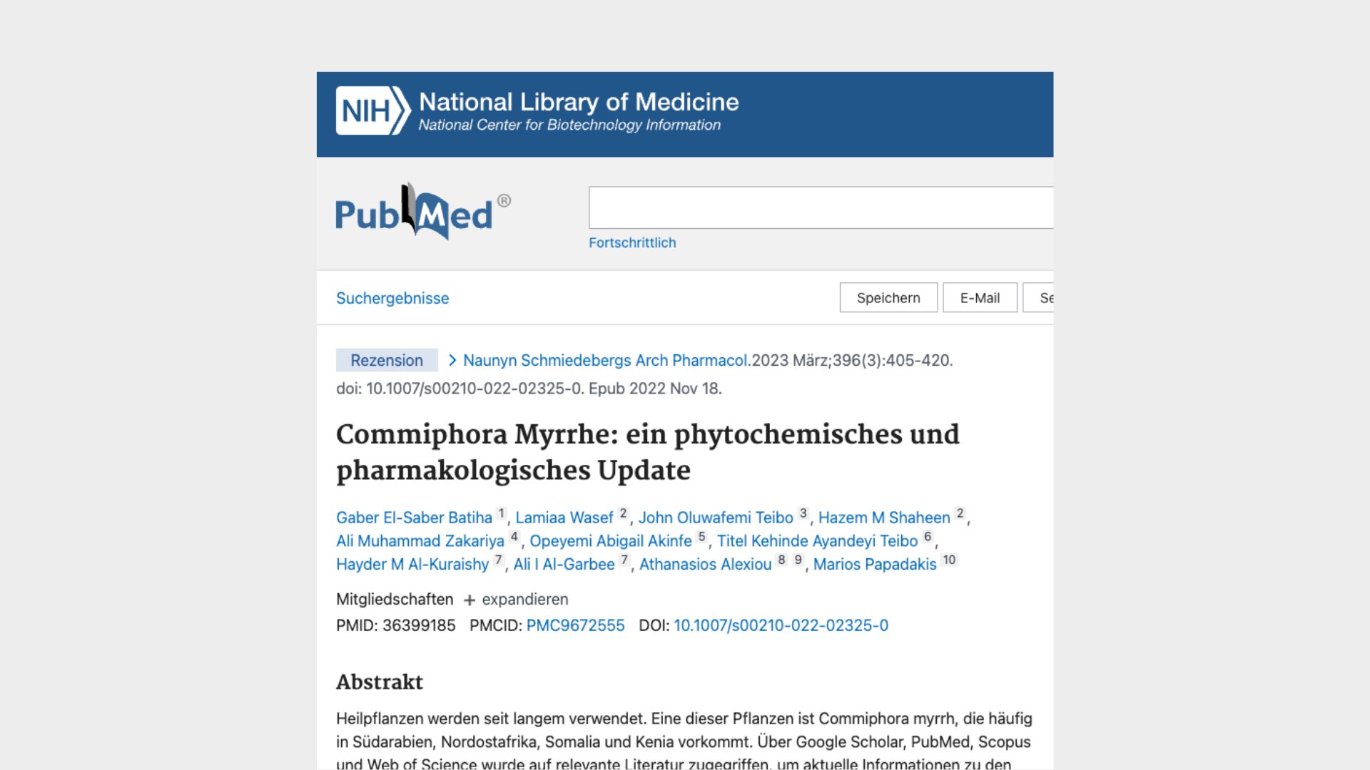 PubMed article page on Commiphora myrrha with abstract and author names in German.