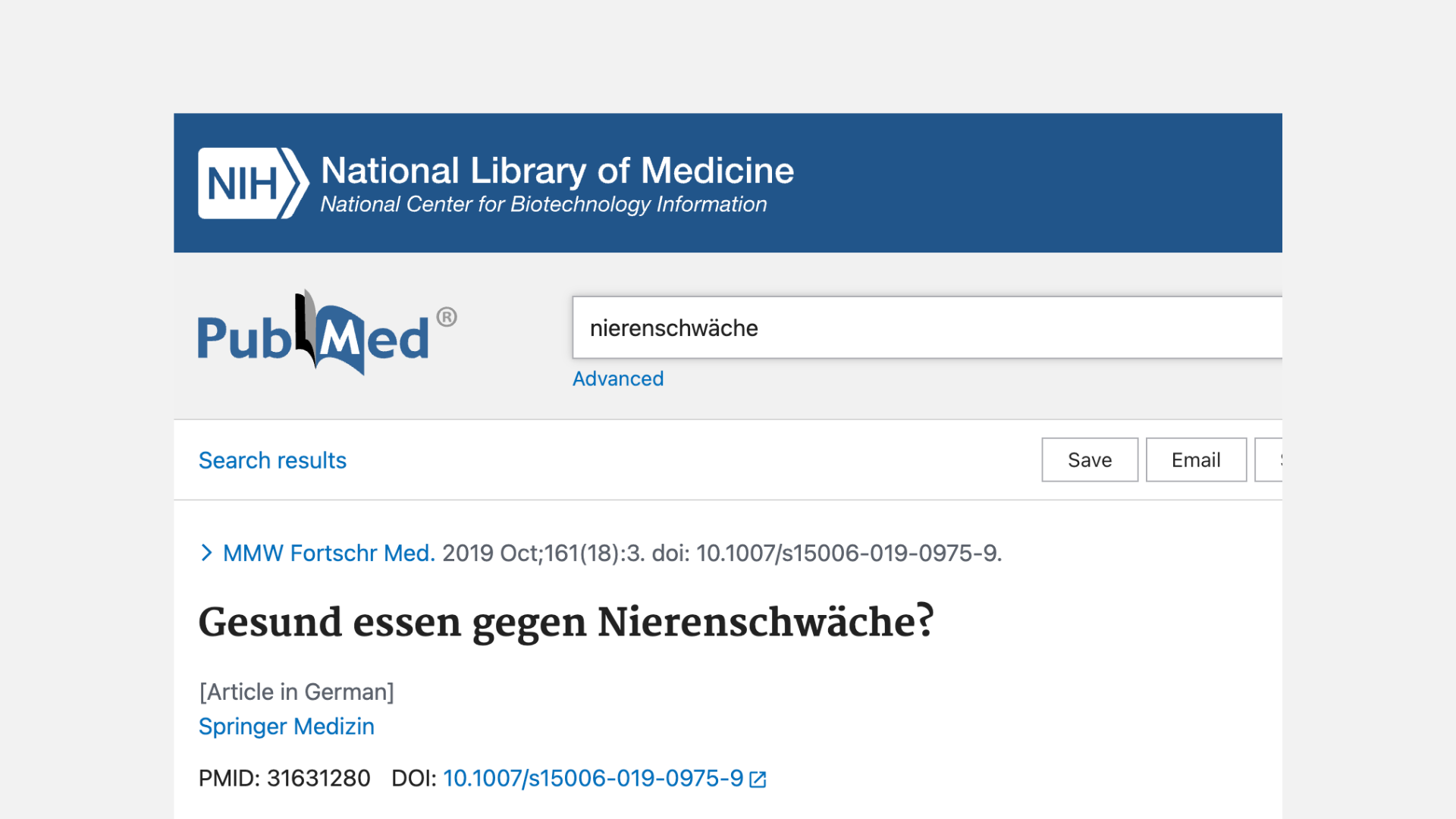 A screenshot of a search result on the PubMed website for the German term 'nierenschwäche'.