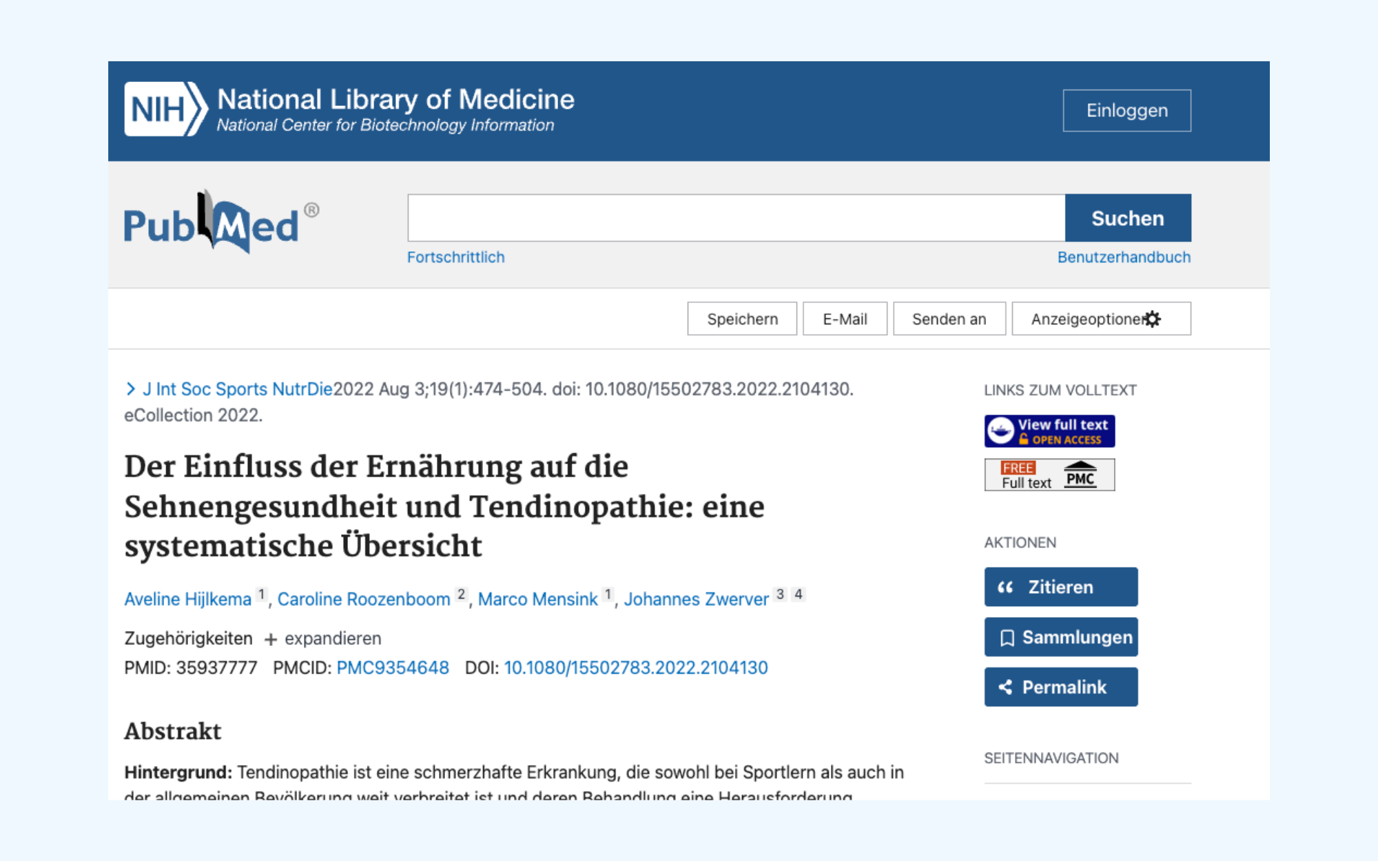 Screenshot of a PubMed article on tendon health and nutrition effects.