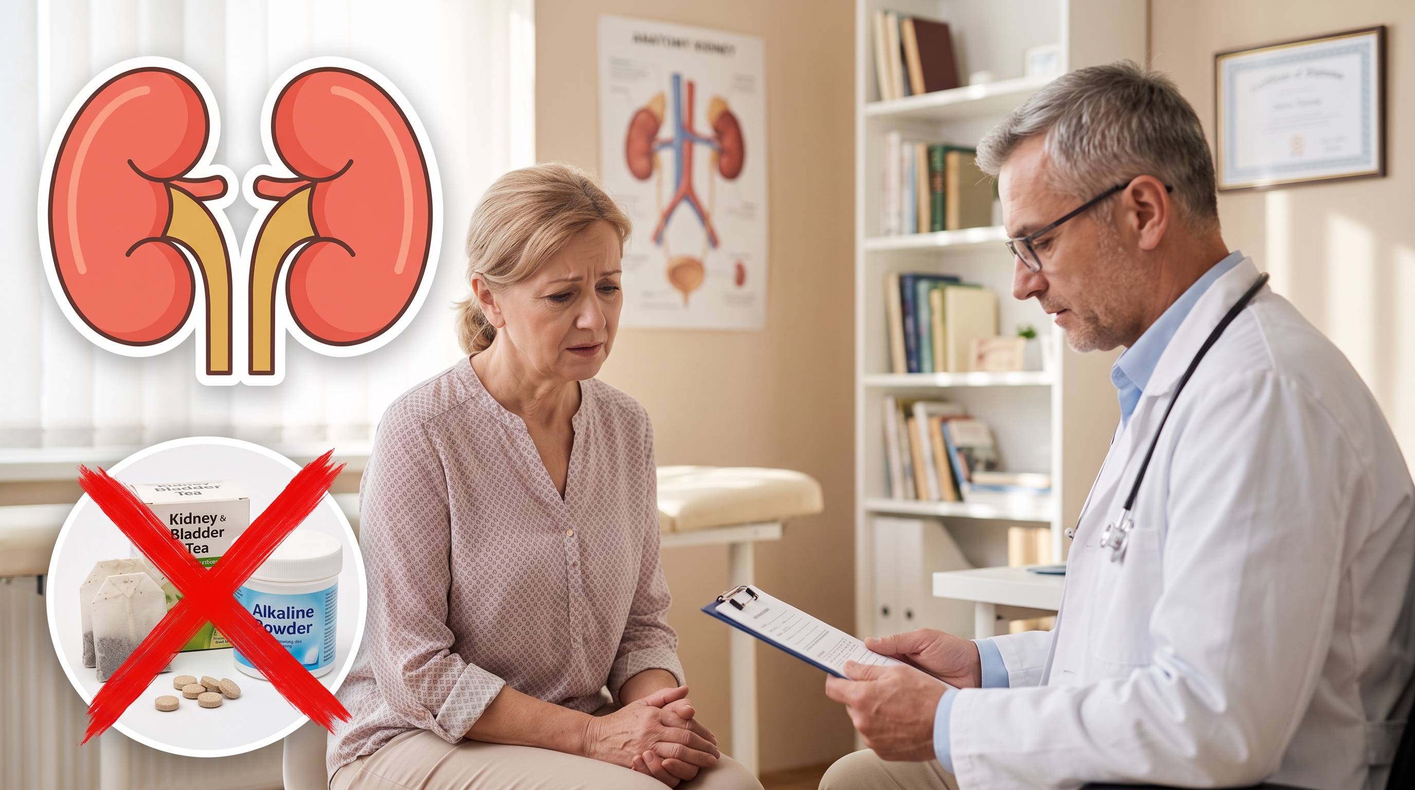 A concerned female patient listens to her doctor, with graphics of kidneys and disapproved remedies overlaid.