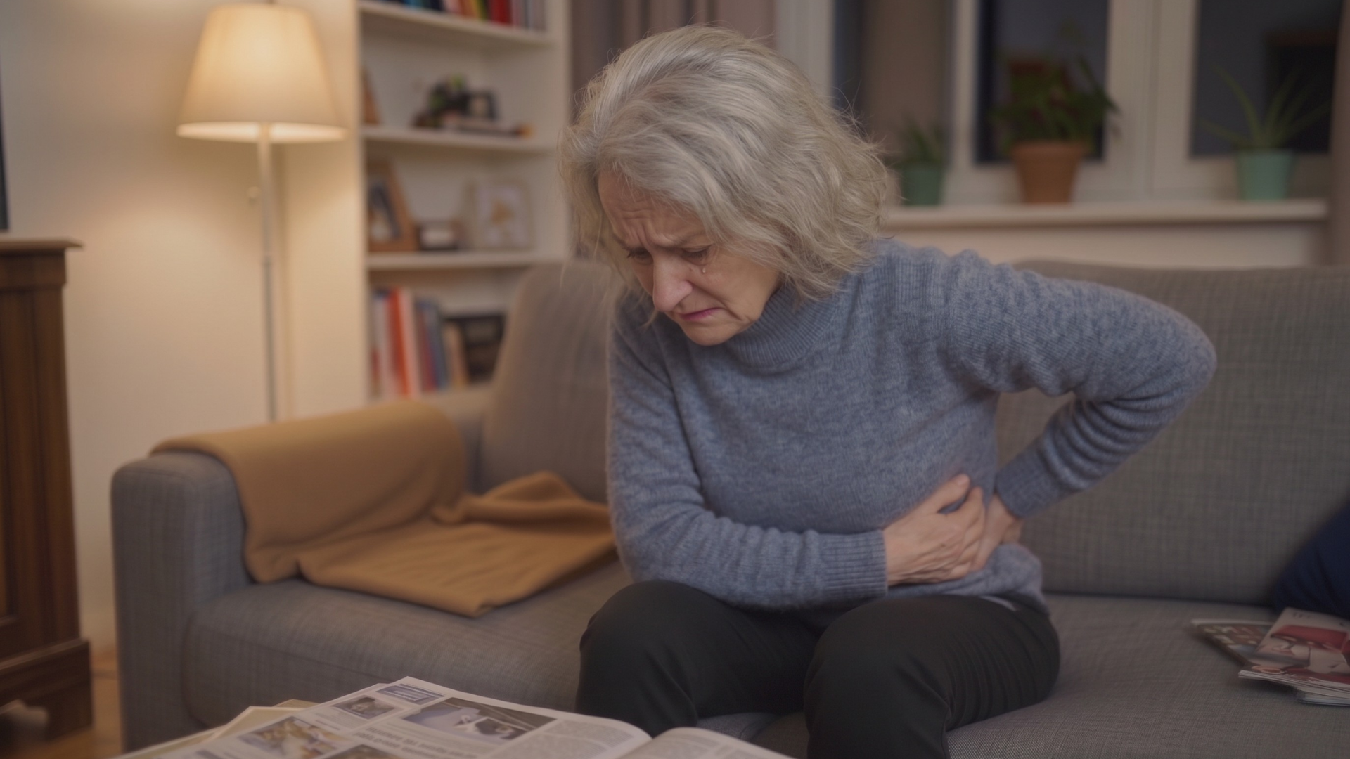 A woman with gray hair sits on a sofa with her hands on her head, looking distressed.