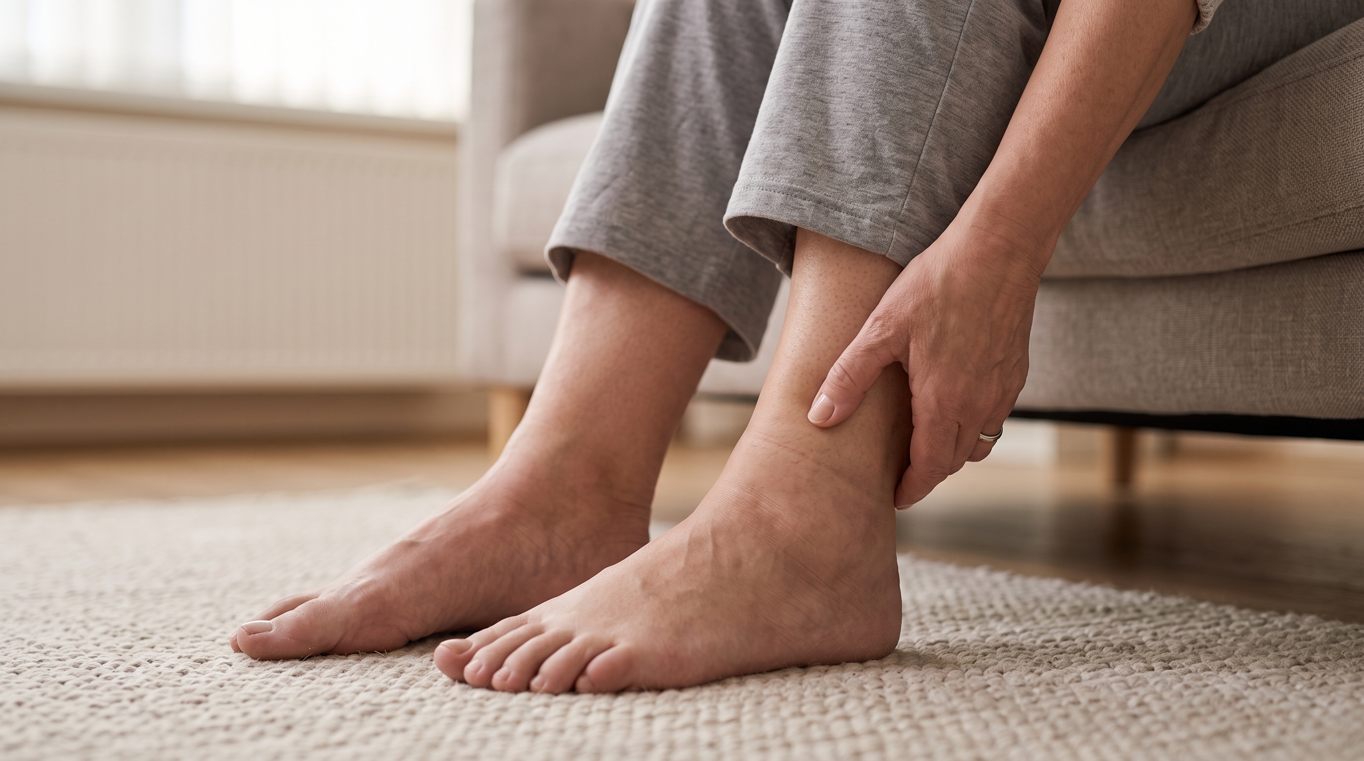 A person sitting down is holding their bare foot by the ankle, which appears swollen.