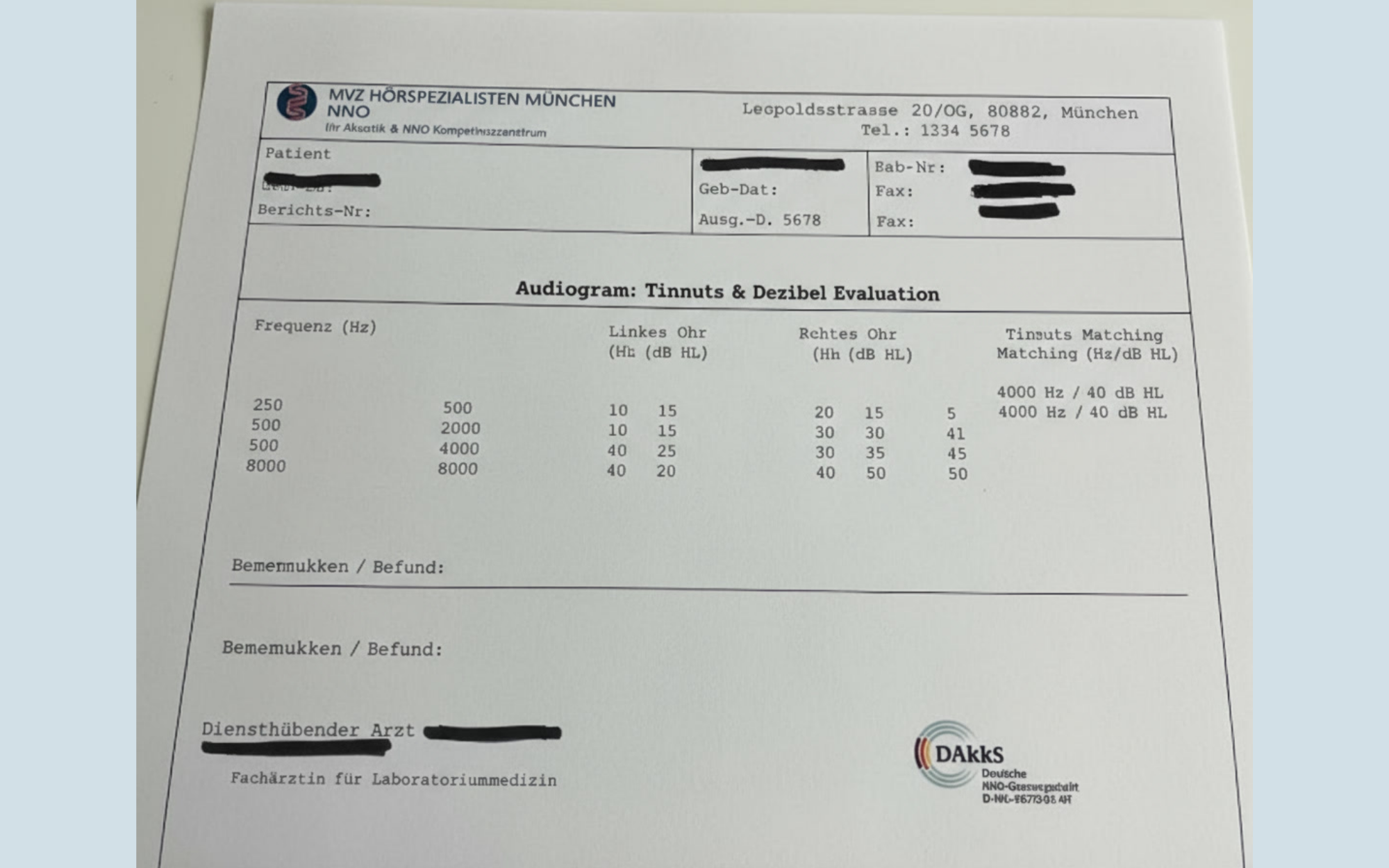 A document from MVZ Hörspezialisten München with audiogram and tinnitus evaluation details.