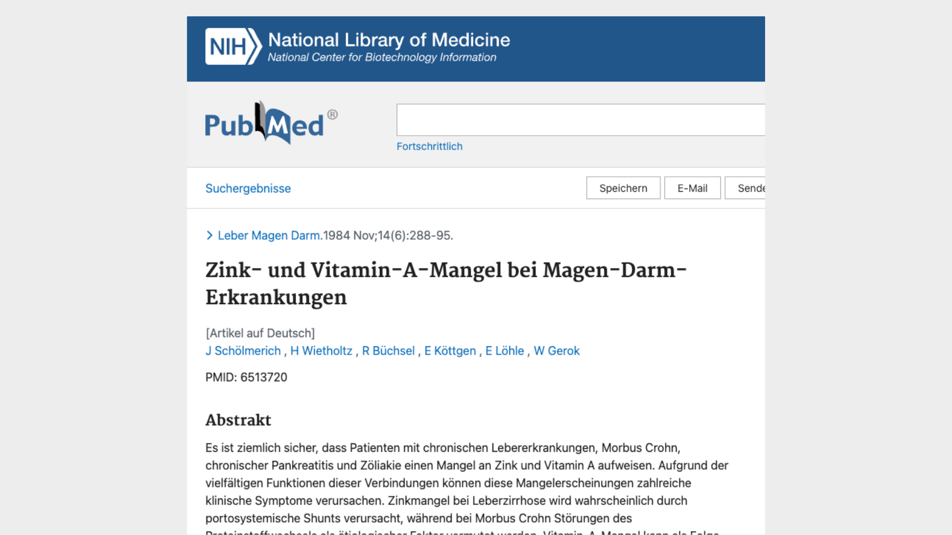 Screenshot of a PubMed article about zinc and vitamin A deficiency.