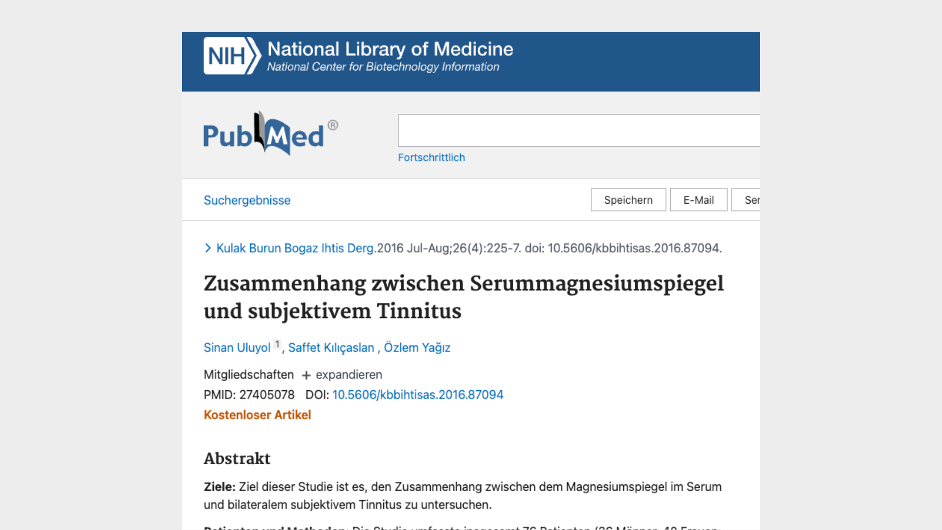 Screenshot of a PubMed article in German about magnesium levels and tinnitus.