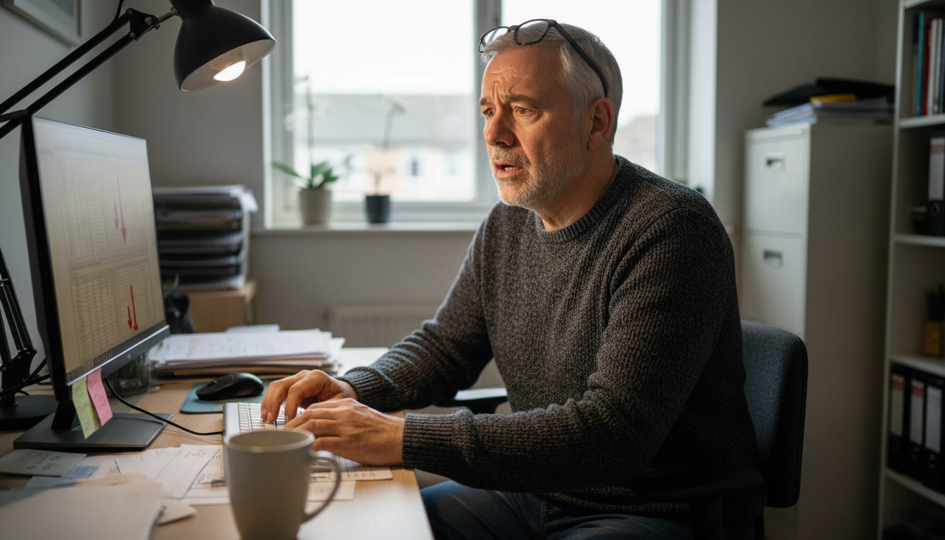 A middle-aged man with a concerned expression sits at a desk looking at a computer monitor.