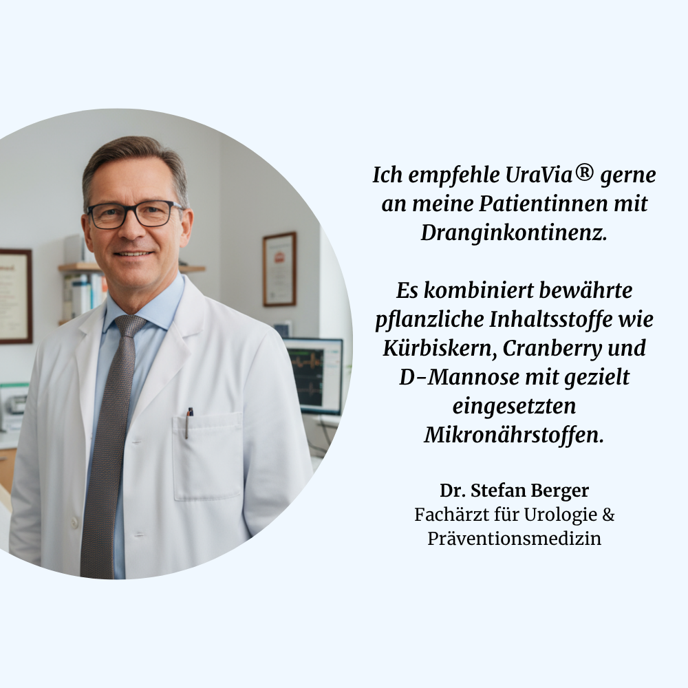 Doctor in white coat with text about UraVia supplement.