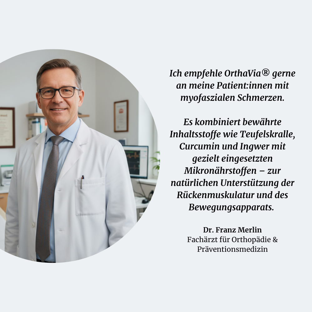 Man in a white lab coat with text in German beside him.