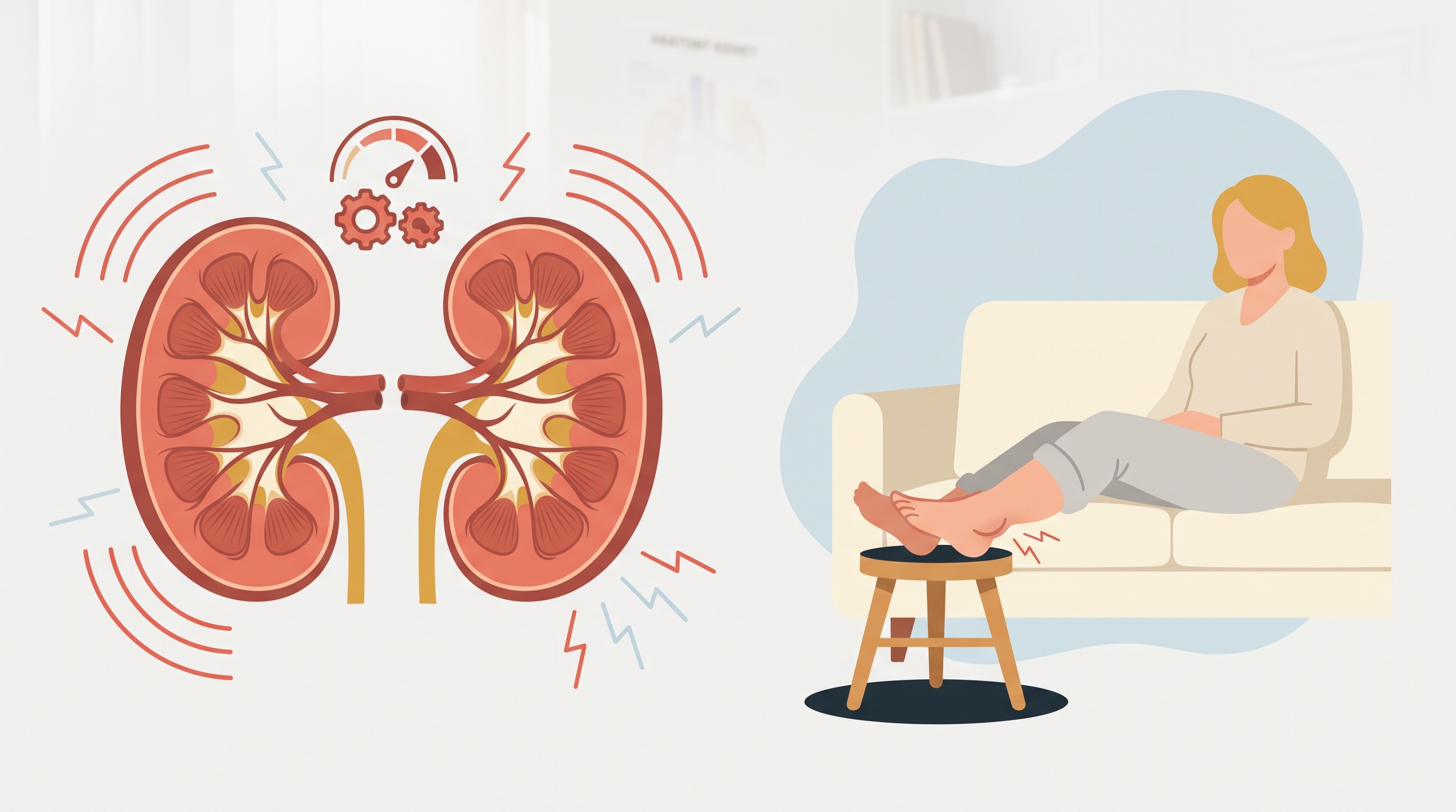 An illustration of kidneys next to a woman sitting on a couch with her swollen feet on a stool.