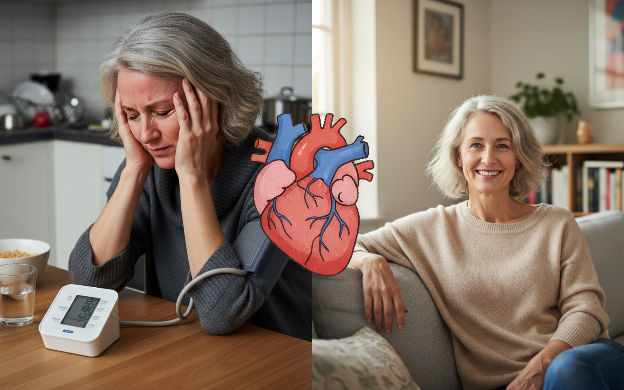 Split image: woman with head in hands, blood pressure monitor, heart illustration, smiling woman on sofa.