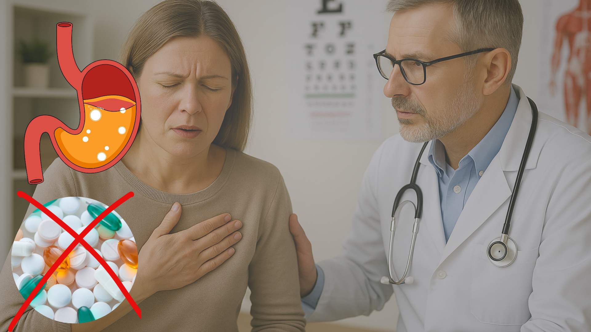 Doctor consulting a woman with a stomach diagram and pills crossed out.