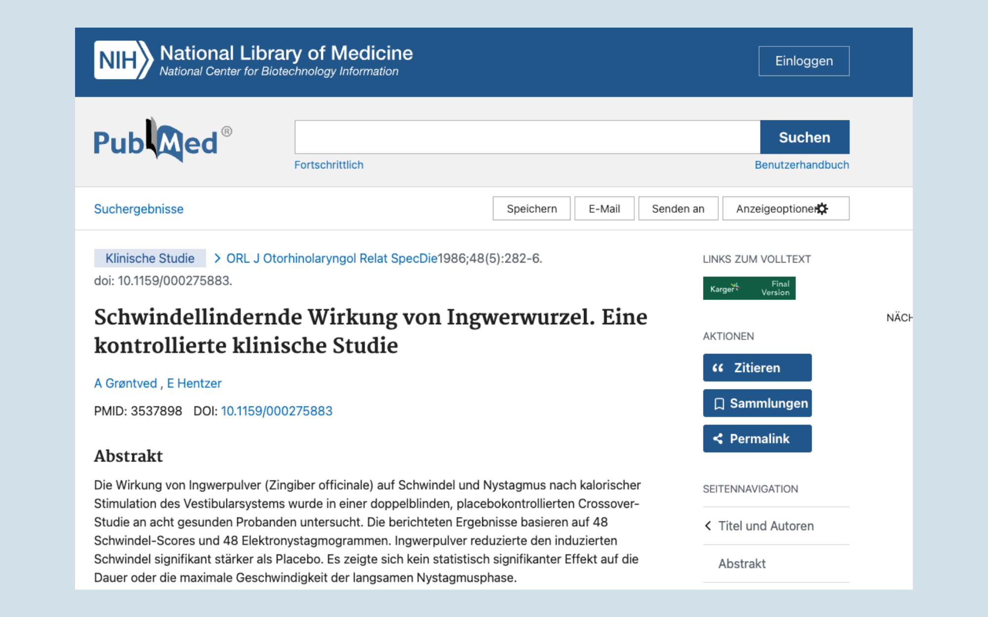 Screenshot of a PubMed article in German about ginger root effects.