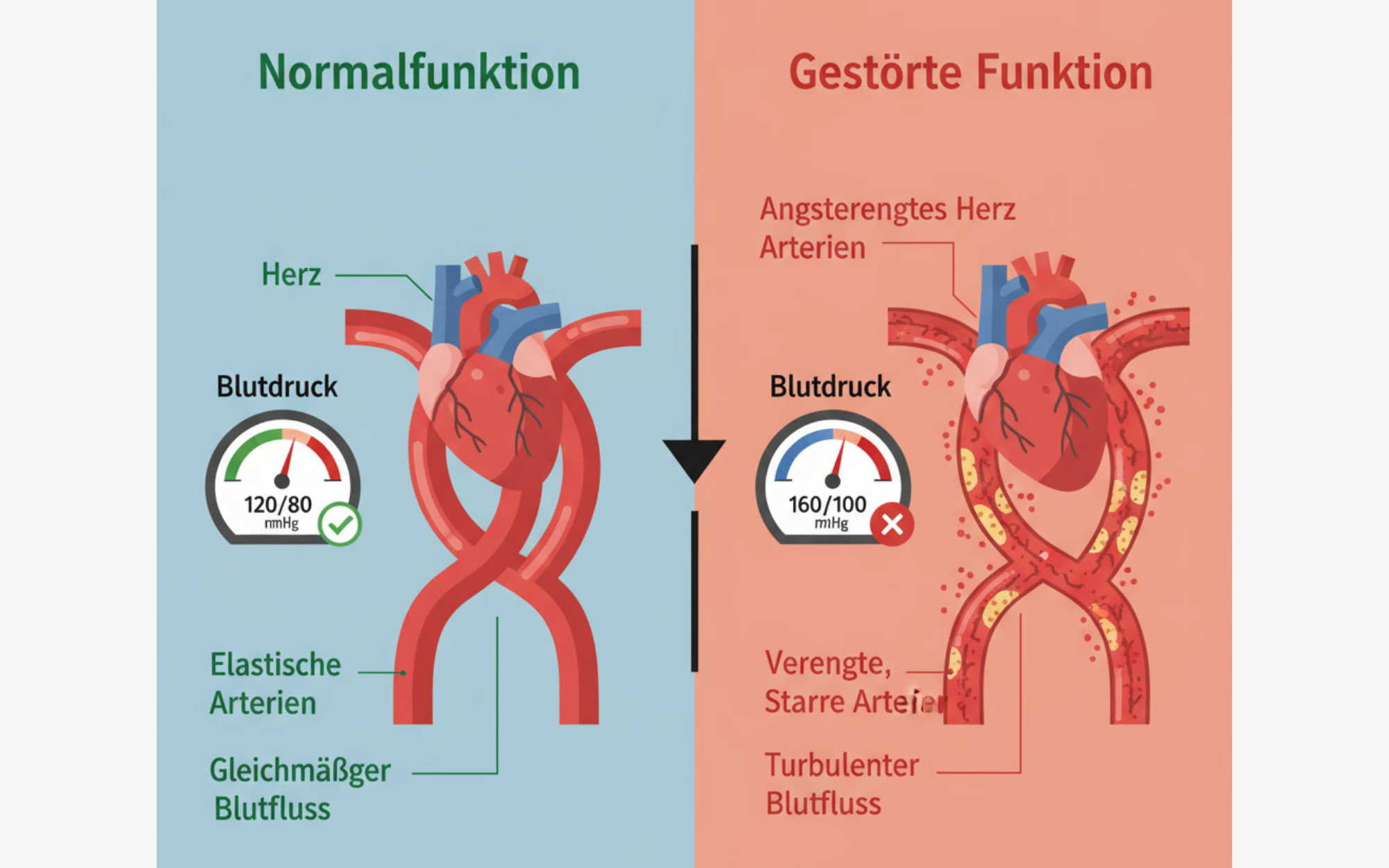 Diagram comparing normal and impaired heart function and blood pressure.
